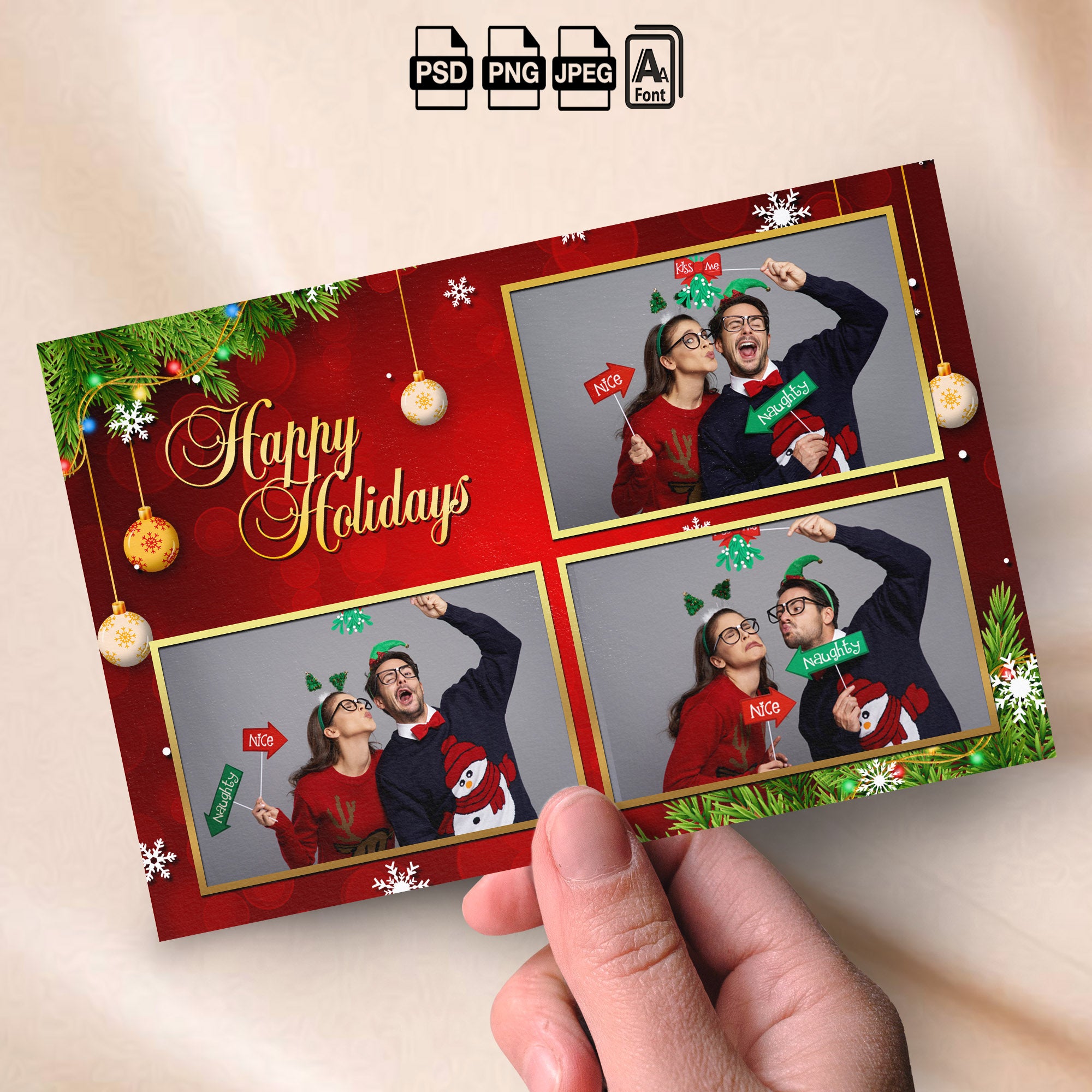Merry Christmas &amp; Happy Holidays Photo Booth Template Bundle | Red &amp; Gold Design with Ornaments &amp; String Lights | Multiple Layouts, Editable Photobooth Templates, Instant Download