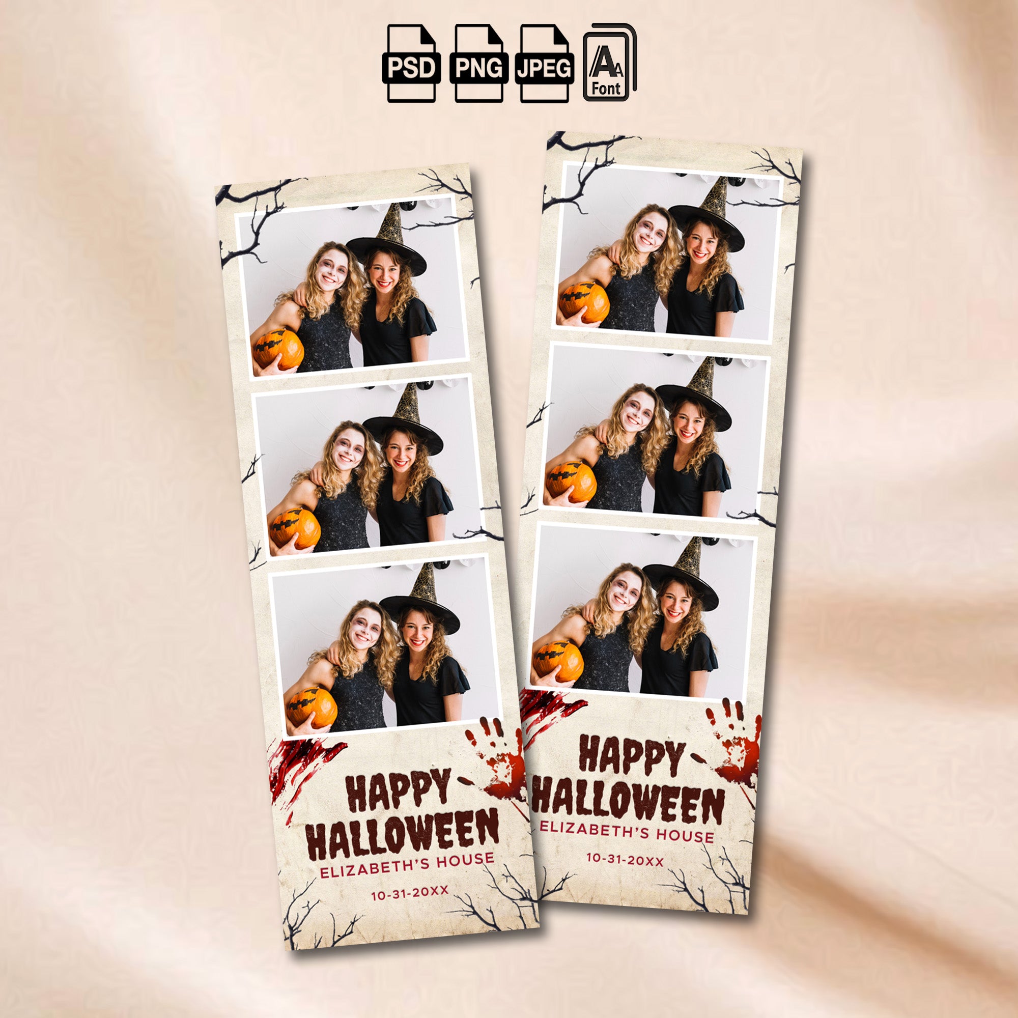 Vintage Parchment Halloween Photo Booth Template Bundle | Bloody Handprints & Bare Tree Silhouette Design | All 4 Layouts, Editable Photoshop Templates, Instant Download