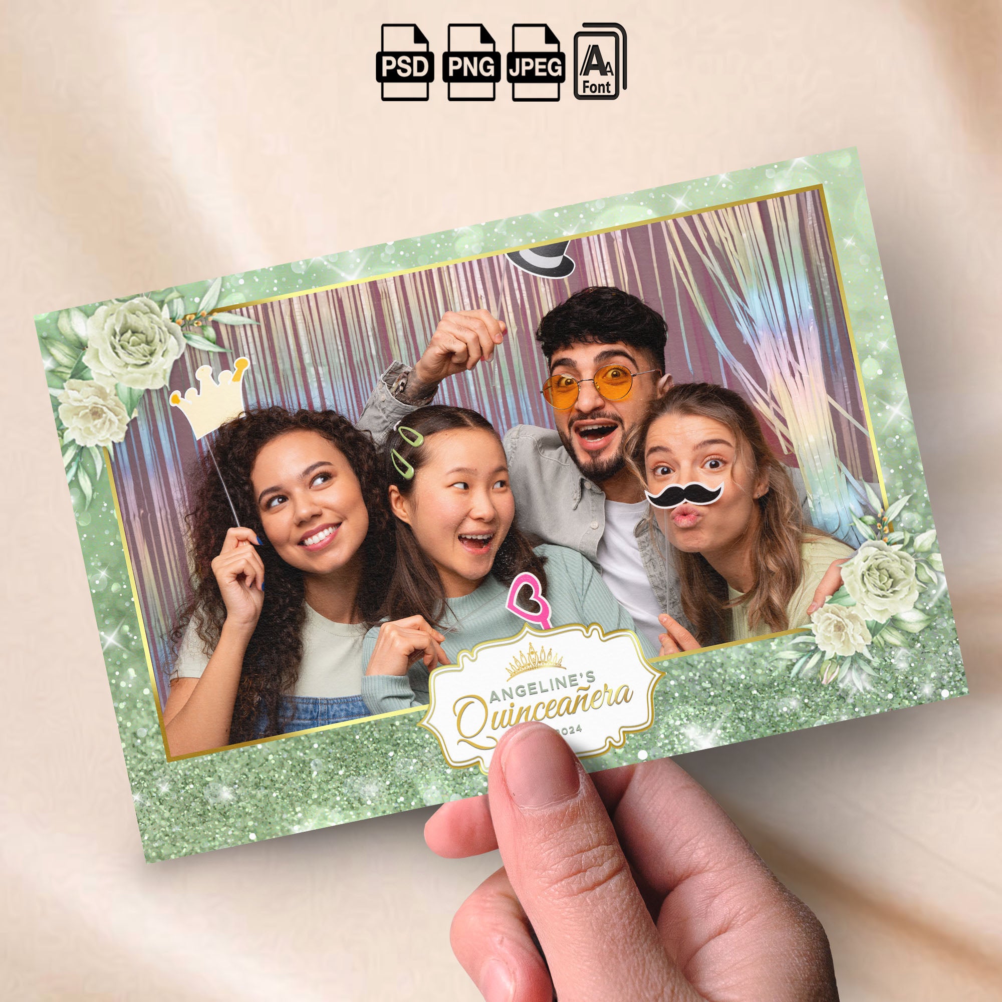 Quinceañera Photo Booth Template | Landscape Layout | Sage Green & Gold Floral with Crown Badge, Editable Photoshop Template