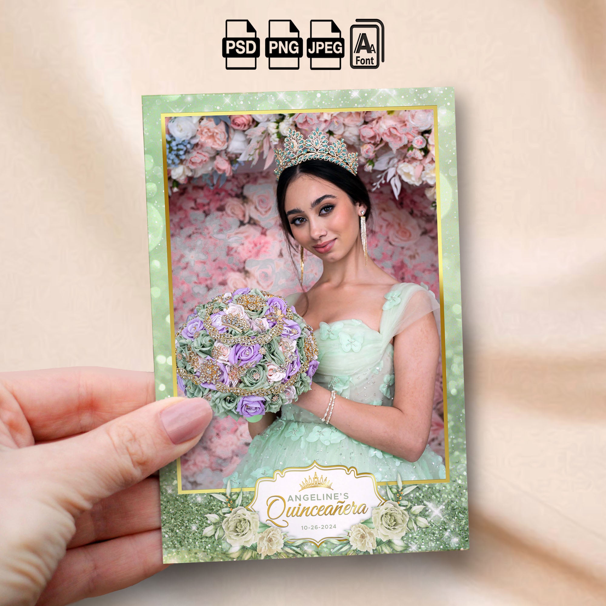Quinceañera Photo Booth Template | Sage Green & Gold Floral with Crown Badge | Editable Photoshop Template, Instant Download