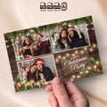 Rustic Christmas Party Photo Booth Template | 4-Photo Grid Layout | Dark Wood Design with String Lights, Ornaments &amp; Gift Boxes