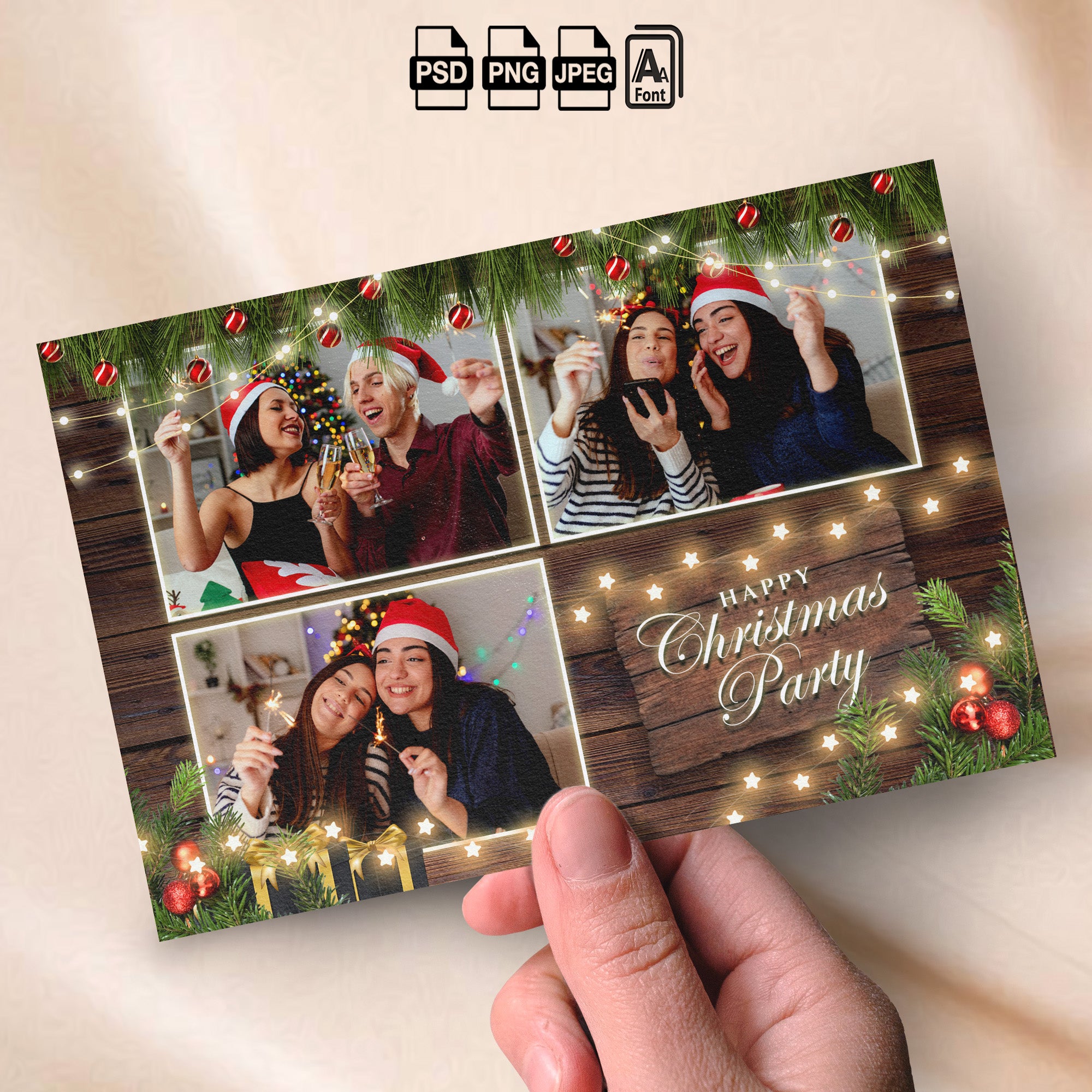 Rustic Christmas Party Photo Booth Template Bundle | Dark Wood Design with String Lights, Ornaments &amp; Gift Boxes | Multiple Layouts, Editable Photobooth Templates, Instant Download