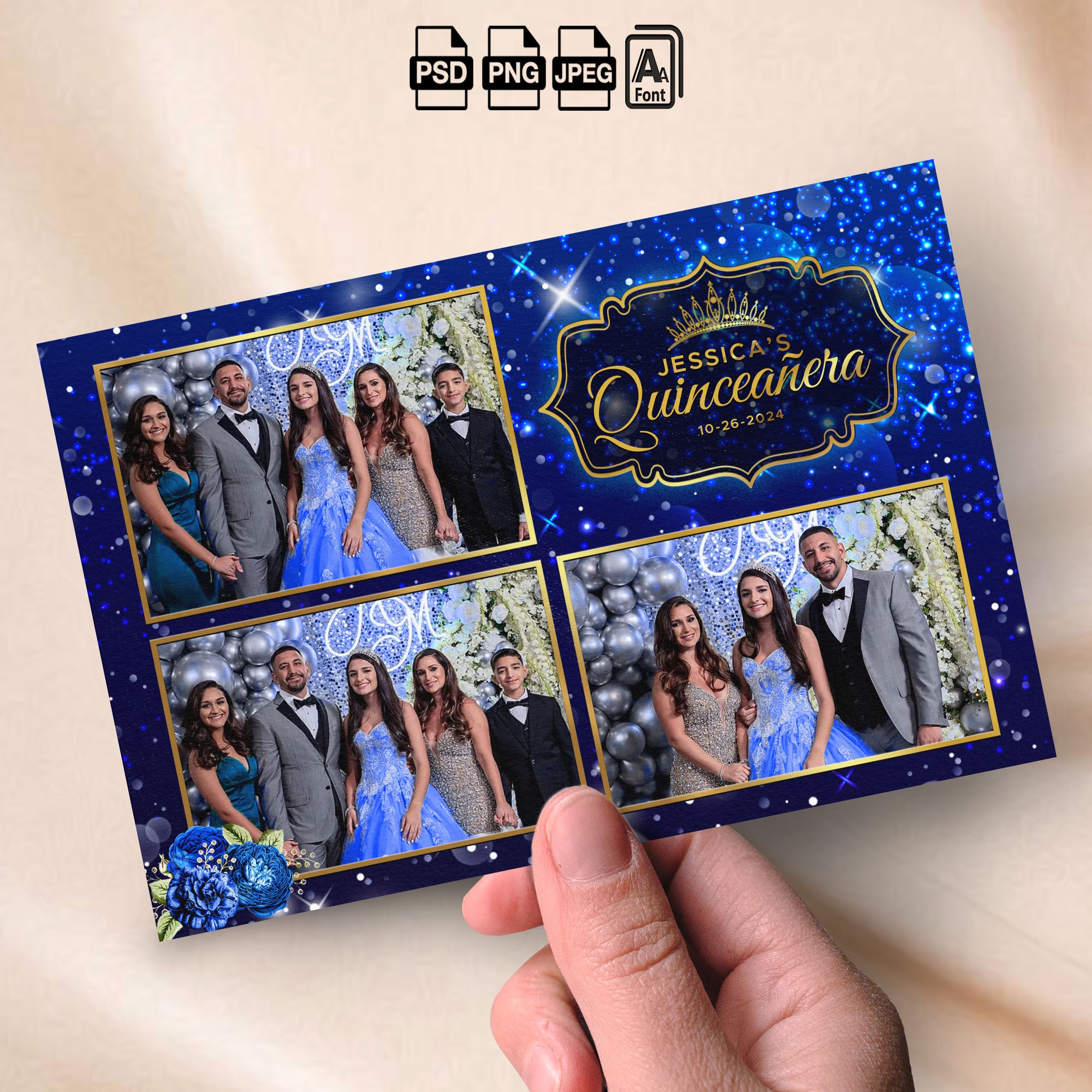 Royal Blue Quinceañera Photo Booth Template Bundle | Royal Blue Sparkle with Gold Crown Badge | All 5 Layouts, Editable Photoshop Templates, Instant Download