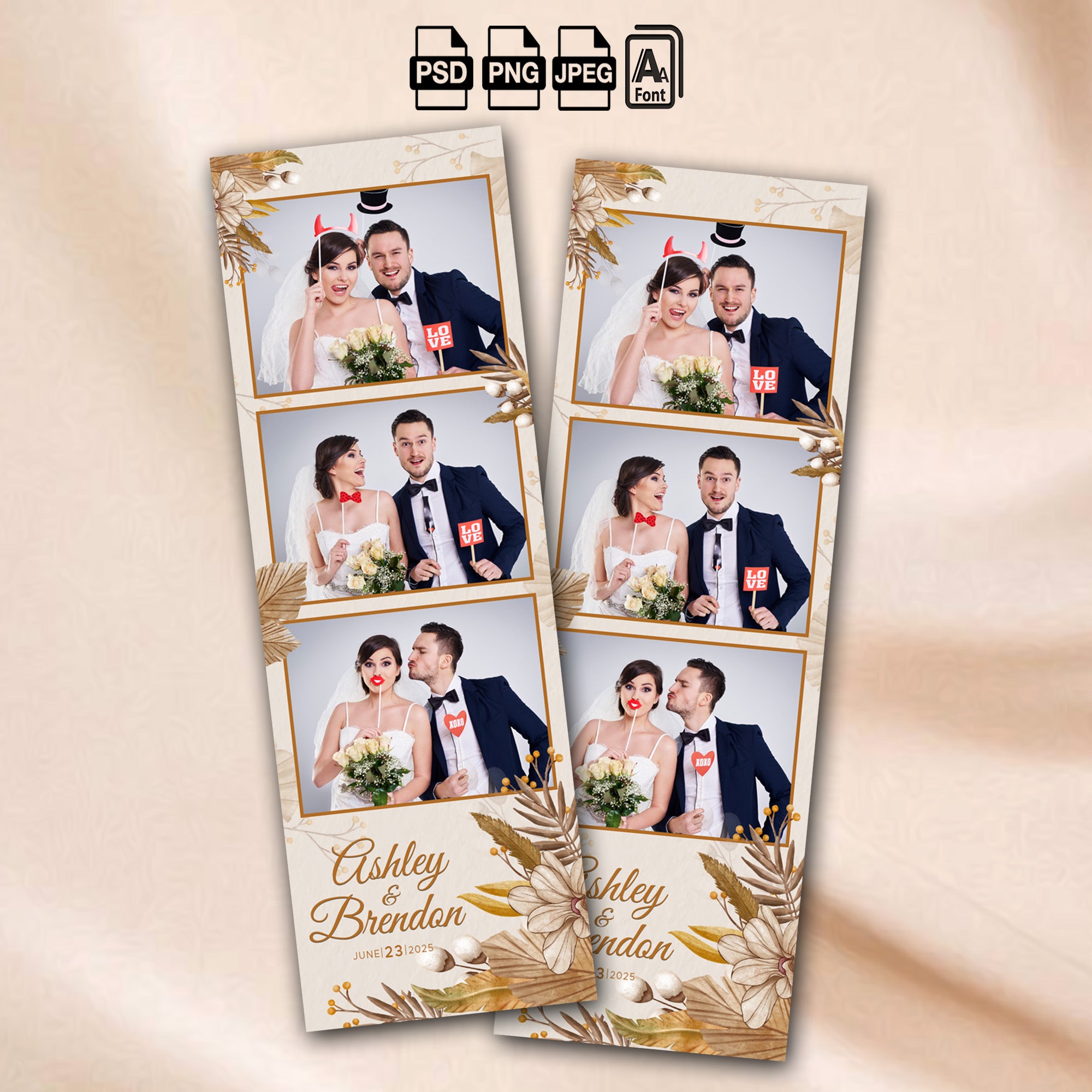 Boho Wedding Photo Booth Template Bundle | Dried Palm &amp; Floral Design | All 4 Layouts, Editable Photoshop Templates, Instant Download