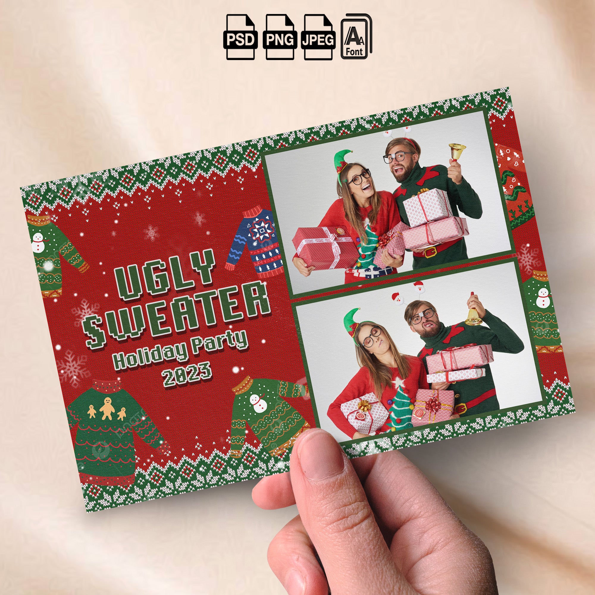 Ugly Sweater Holiday Party Photo Booth Template Bundle | Red Knit Sweater Design | Multiple Layouts, Editable Photobooth Templates, Instant Download