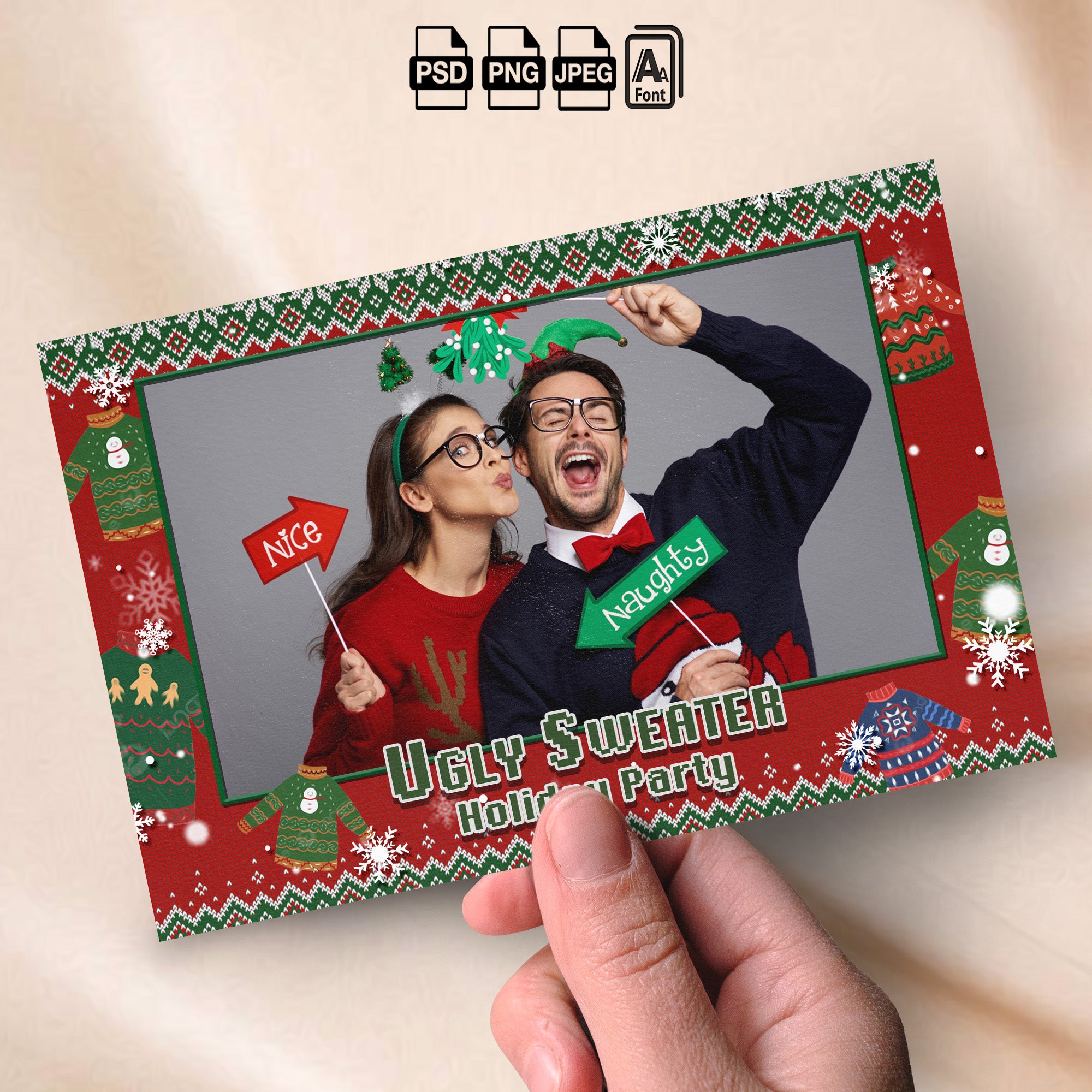 Ugly Sweater Holiday Party Photo Booth Template Bundle | Red Knit Sweater Design | Multiple Layouts, Editable Photobooth Templates, Instant Download