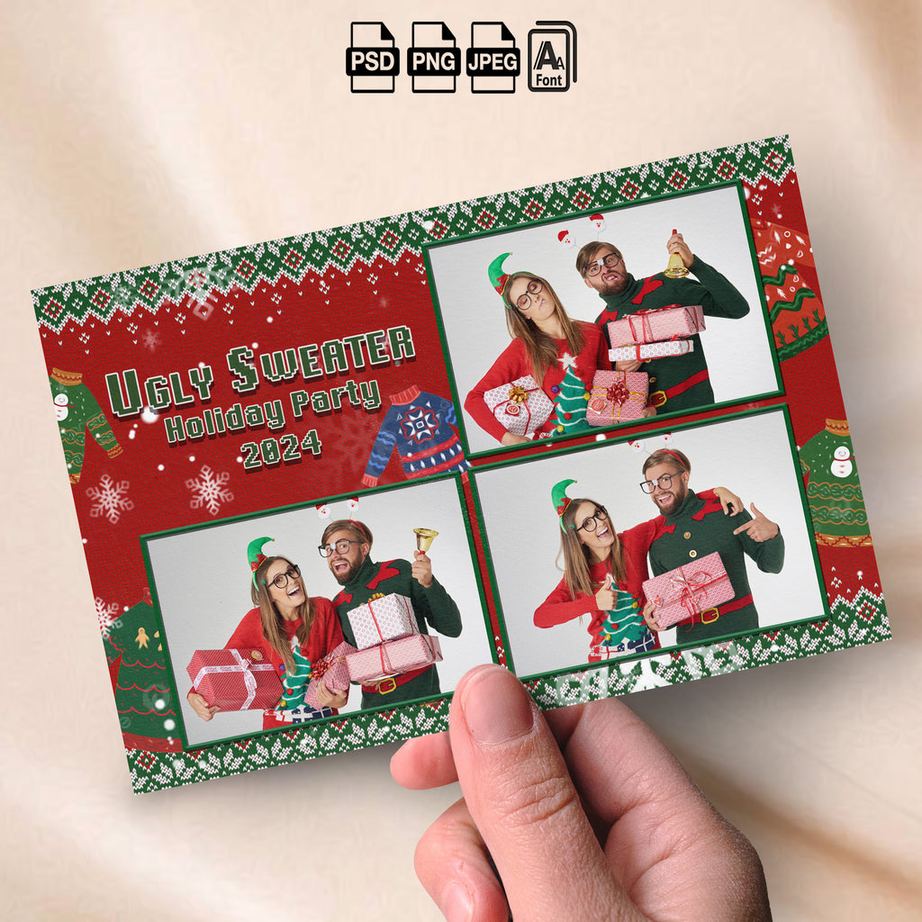 Ugly Sweater Holiday Party Photo Booth Template | 4-Photo Grid Layout | Editable Year, Red Knit Sweater Design