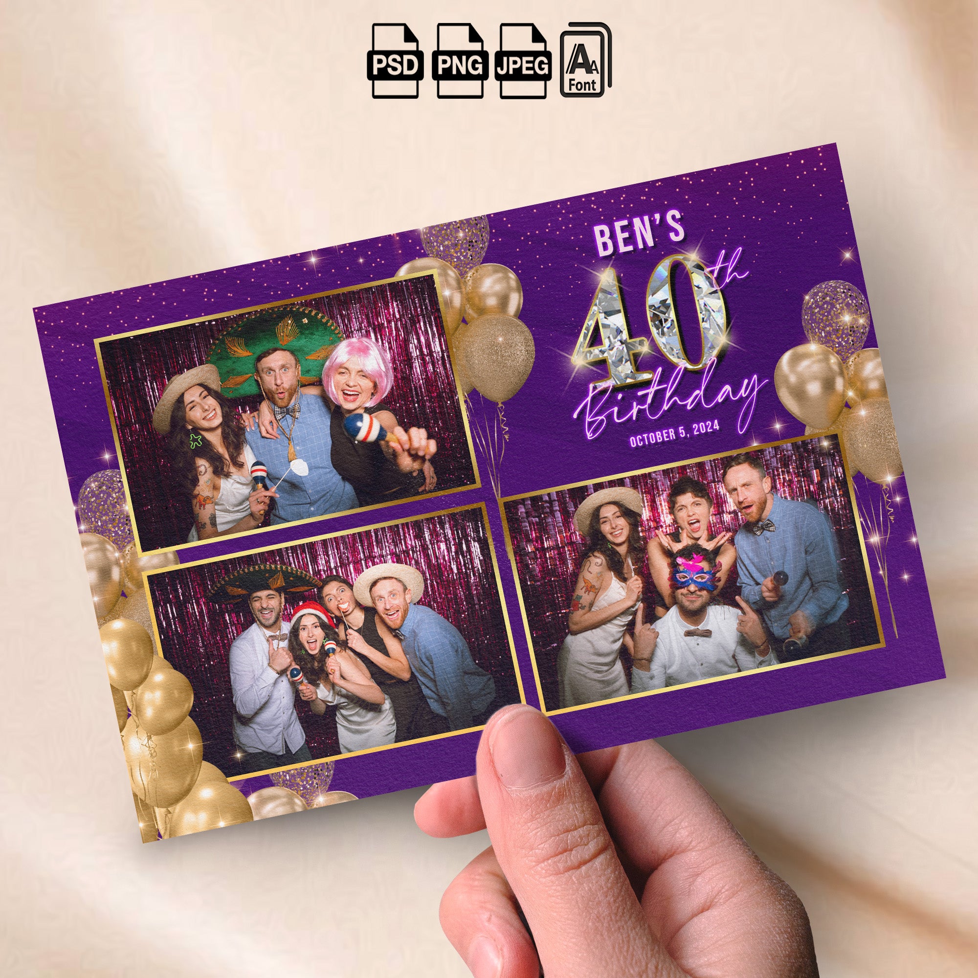Purple & Gold Birthday Photo Booth Template Bundle | Glitter & Gold Balloon Design | All 4 Layouts, Editable Photoshop Templates, Instant Download