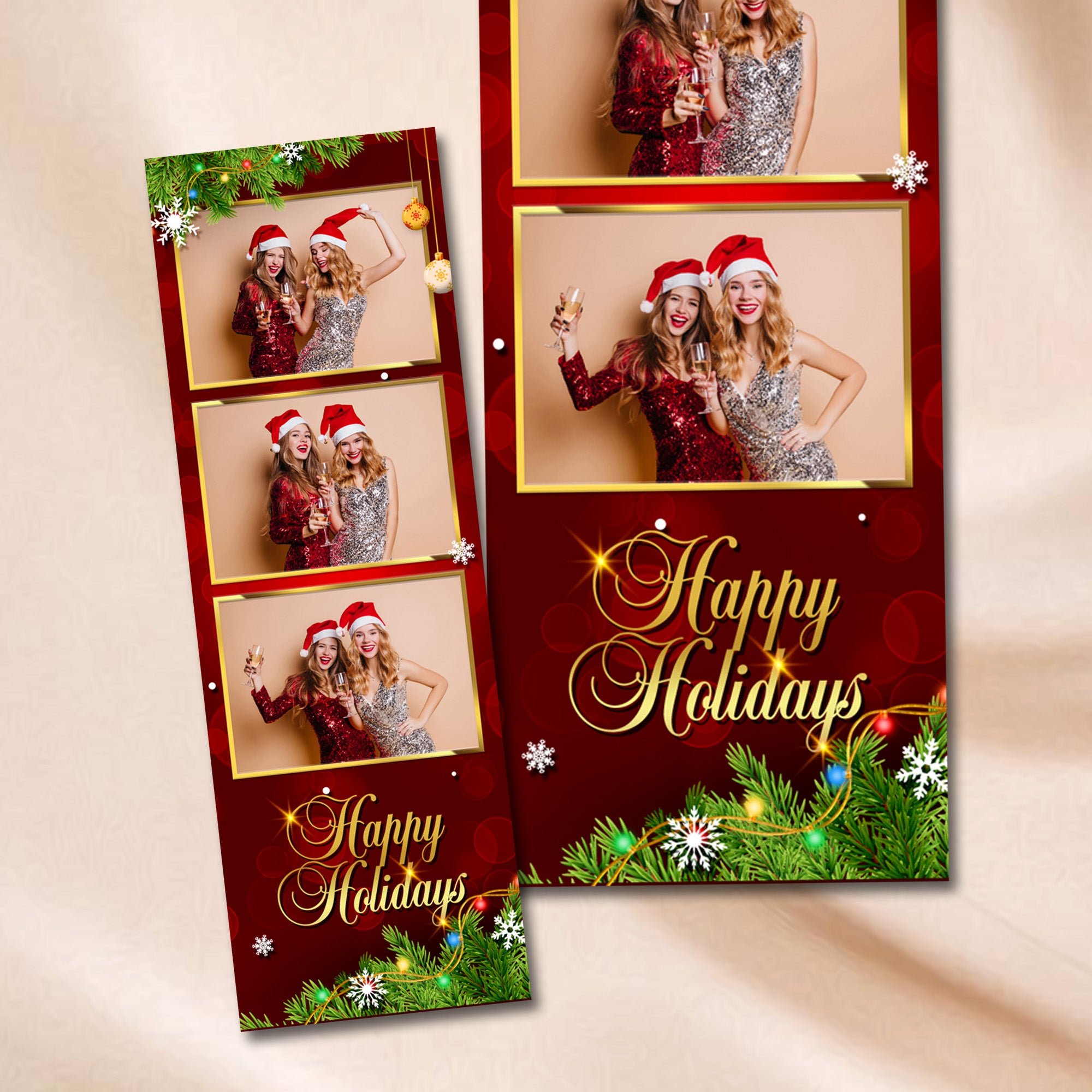 Merry Christmas &amp; Happy Holidays Photo Booth Template Bundle | Red &amp; Gold Design with Ornaments &amp; String Lights | Multiple Layouts, Editable Photobooth Templates, Instant Download