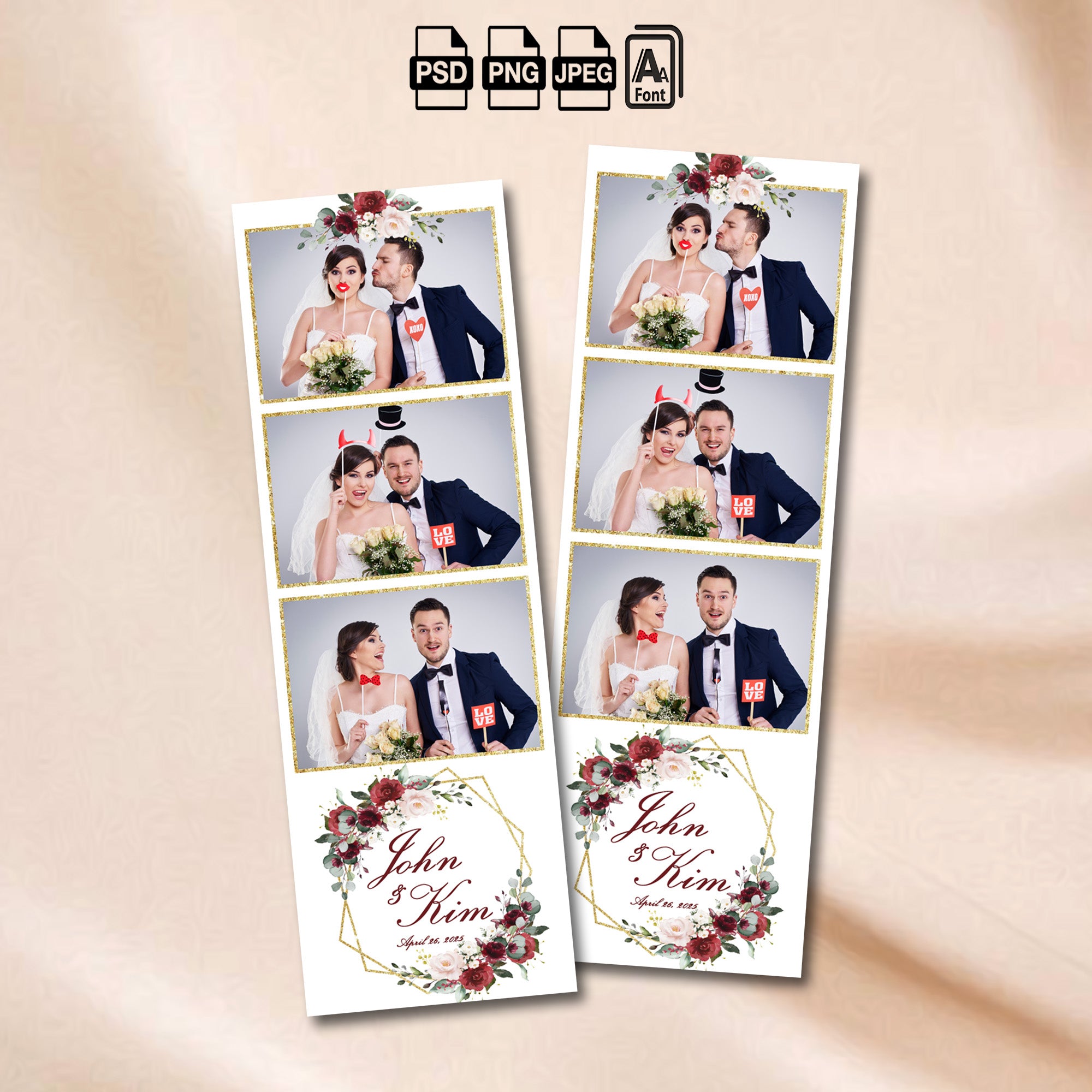 Burgundy Floral Wedding Photo Booth Template | 3-Photo Strip Layout | Editable Photoshop Template, Instant Download