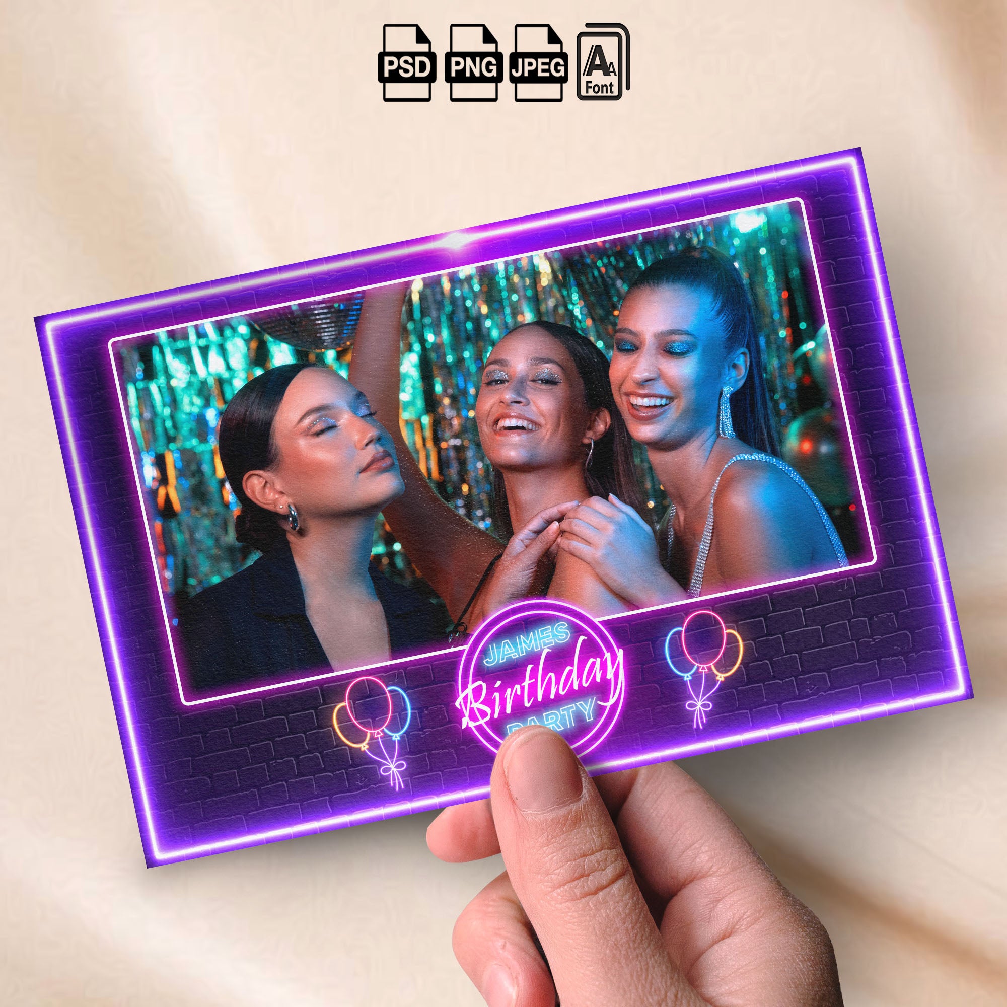 Neon Glow Party Photo Booth Template Bundle | Neon Brick Wall with Glowing Balloons | Multiple Layouts, Editable Photoshop Templates, Instant Download