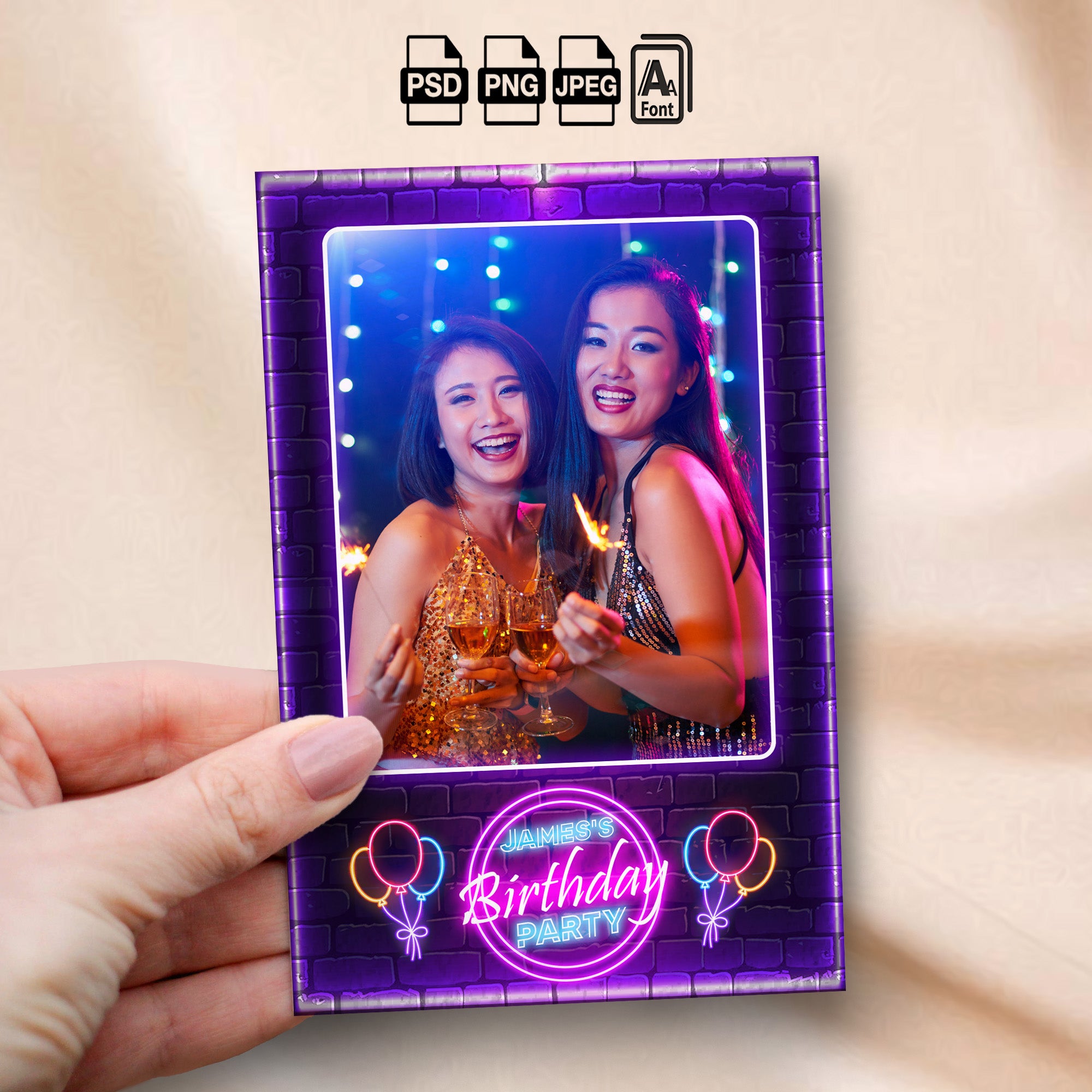 Neon Glow Party Photo Booth Template Bundle | Neon Brick Wall with Glowing Balloons | Multiple Layouts, Editable Photoshop Templates, Instant Download