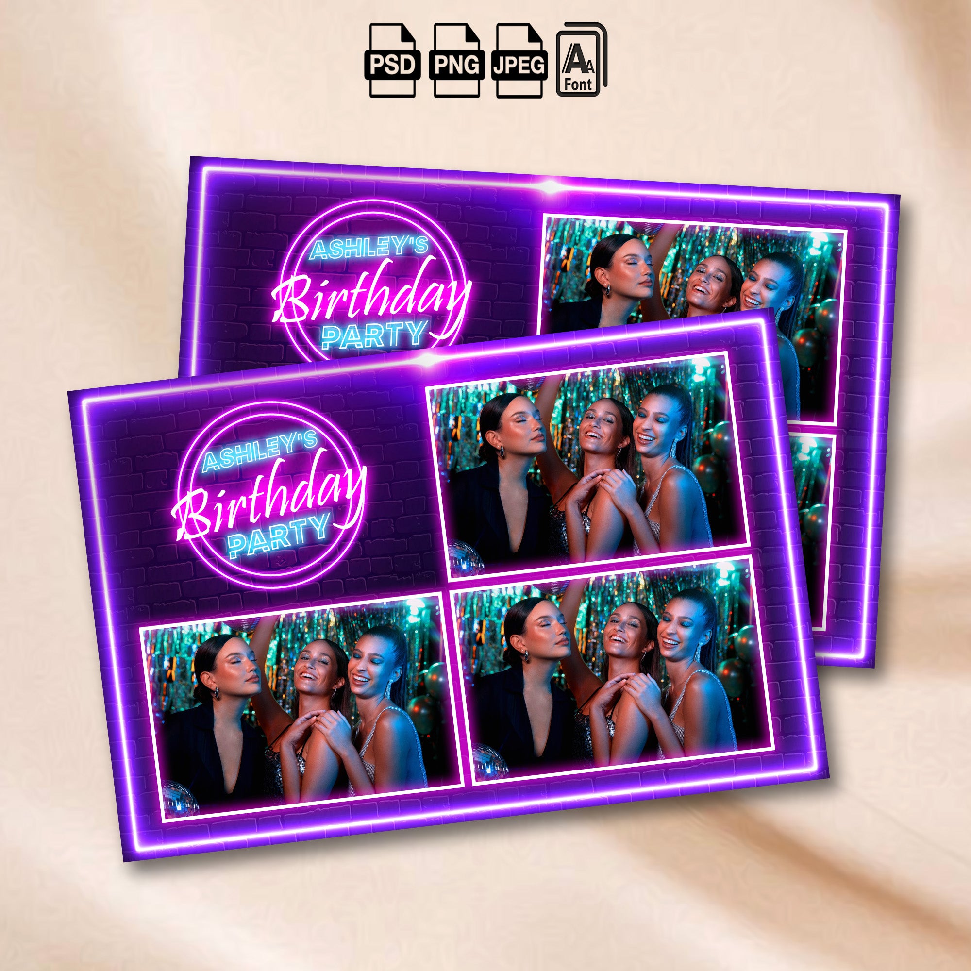 Neon Birthday Photo Booth Template | Purple & Pink Glow with Disco Ball | Editable Photoshop Template, Instant Download