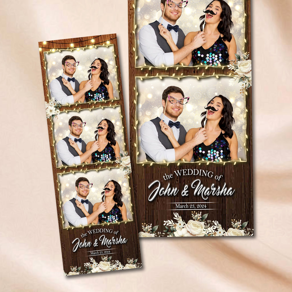 Rustic Wedding Photo Booth Strip Template | Wood Background with String Lights & Florals | Editable Photoshop Template, Instant Download