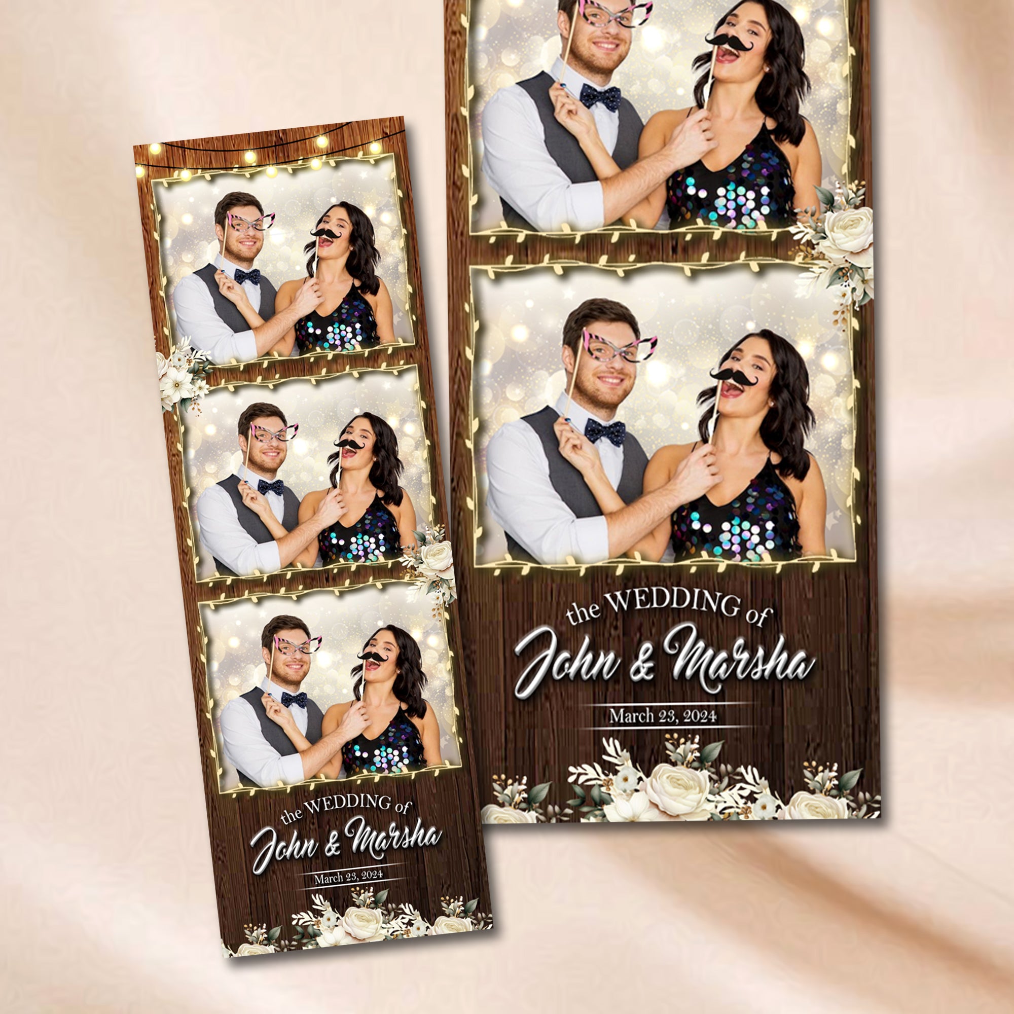 Rustic Wedding Photo Booth Strip Template | Wood Background with String Lights & Florals | Editable Photoshop Template, Instant Download