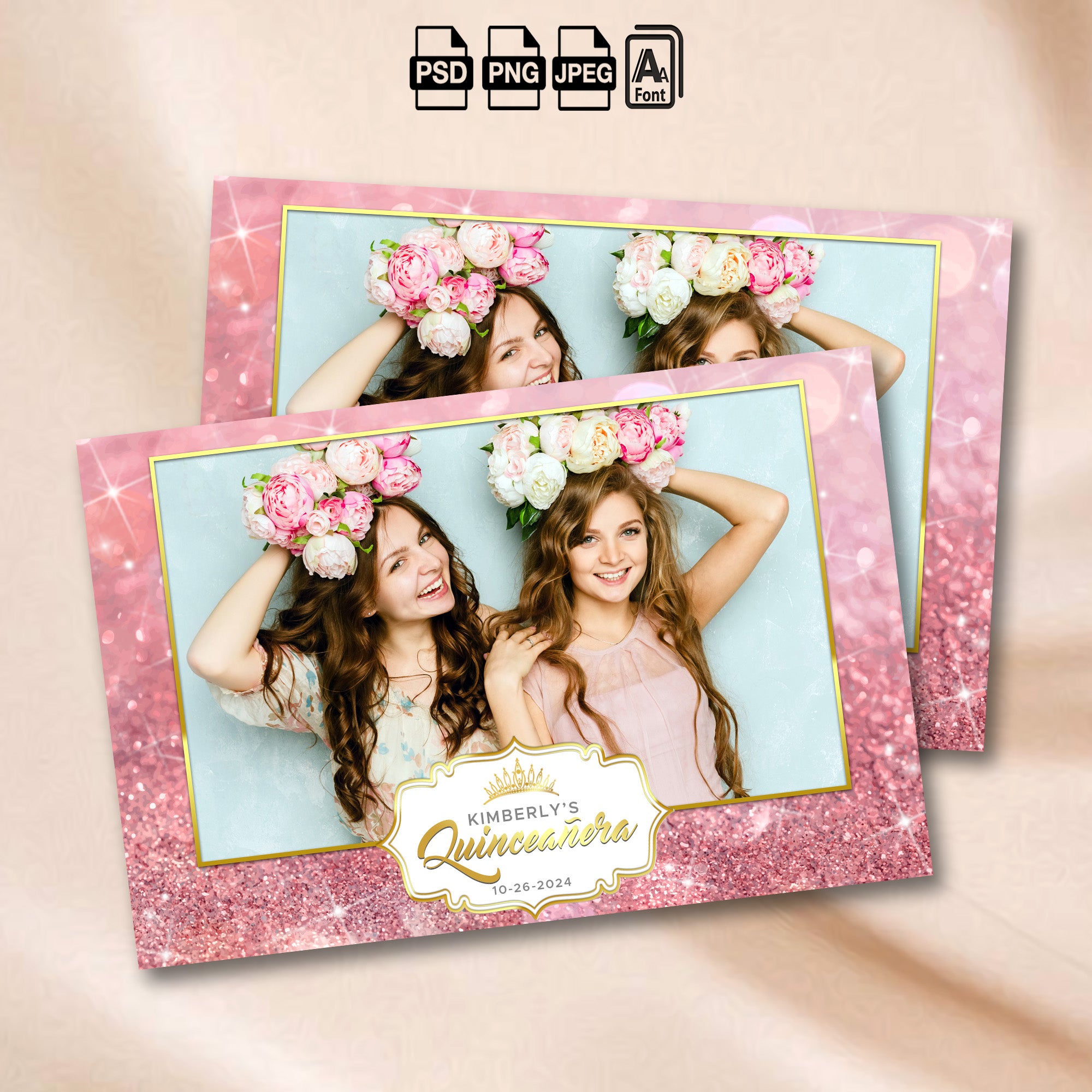 Pink & Rose Gold Quinceañera landscape photo booth template mockup with pink glitter background and floral crown badge