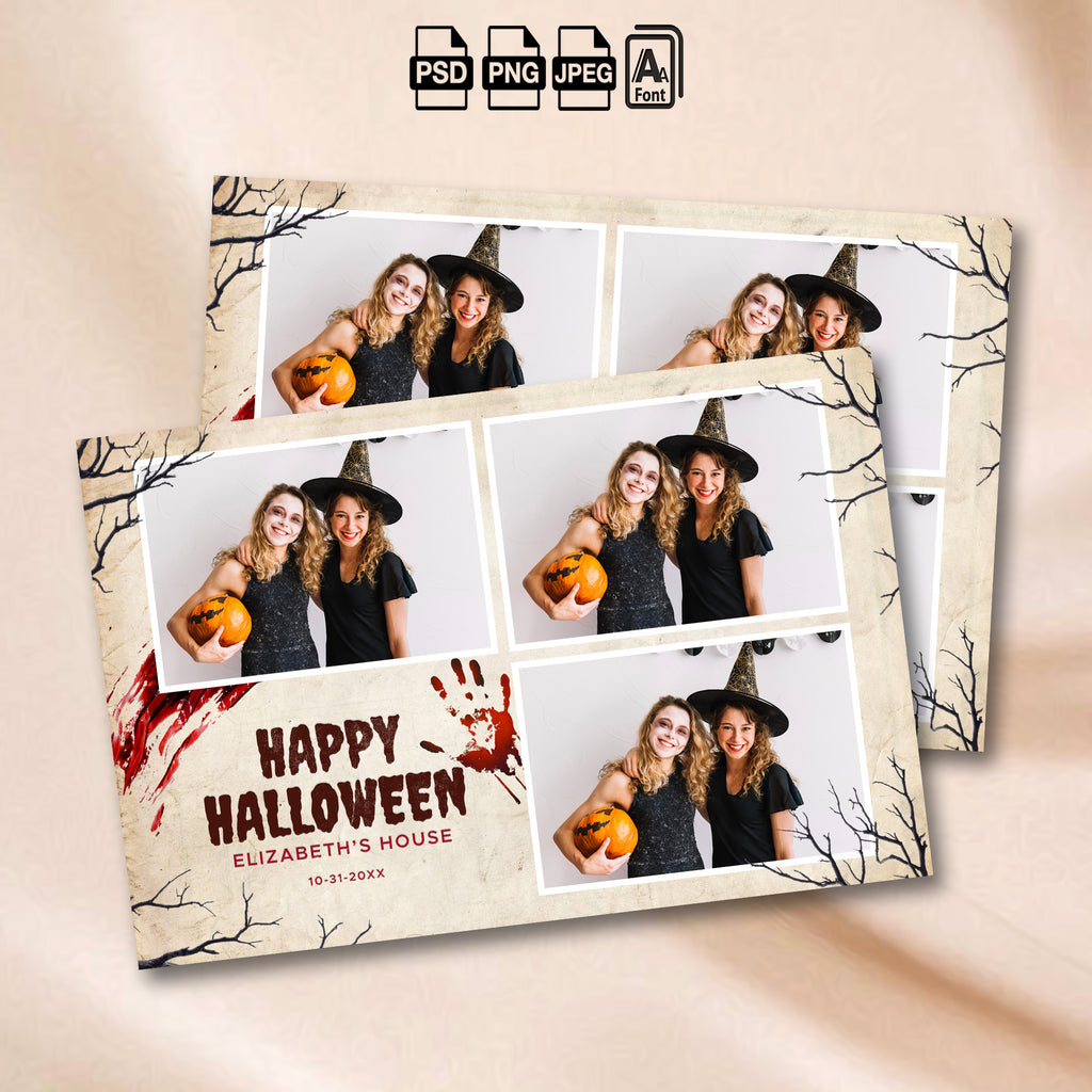 Vintage parchment Halloween 3-photo collage photo booth template with black bare tree silhouettes and dripping red bloody handprints