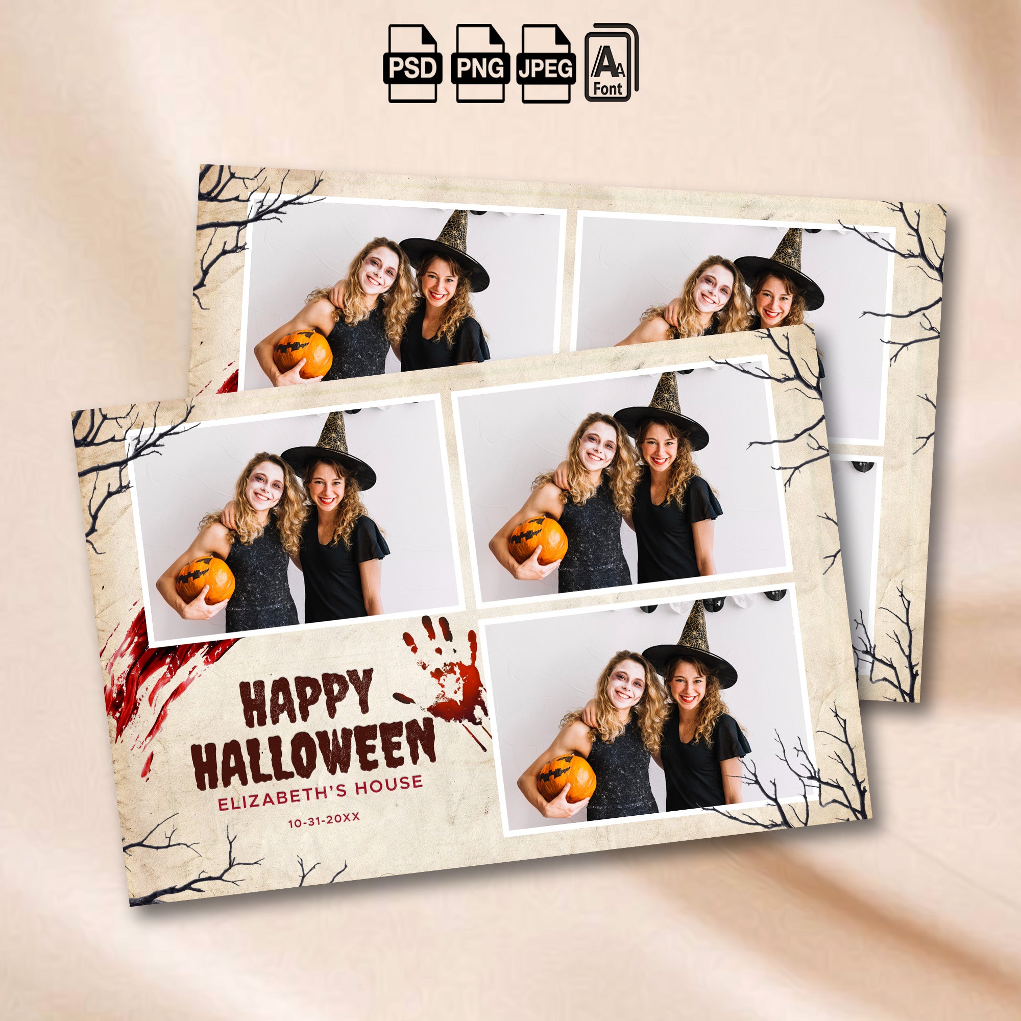 Vintage parchment Halloween 3-photo collage photo booth template with black bare tree silhouettes and dripping red bloody handprints