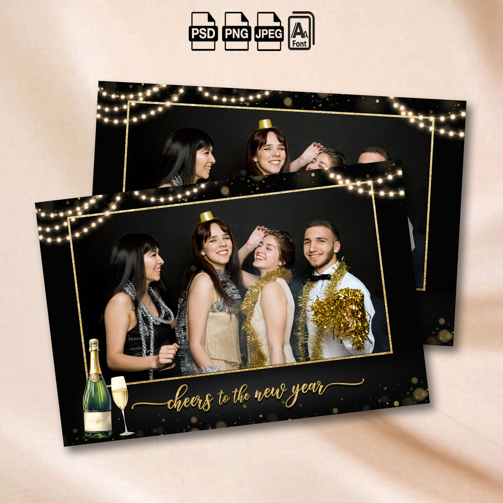 Black and gold New Year's Eve photo booth landscape template with glowing string lights and cheers to the new year script text