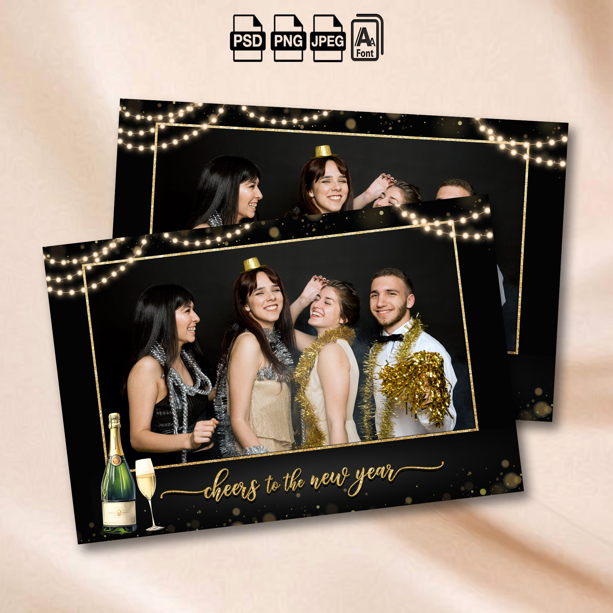 Black and gold New Year's Eve photo booth landscape template with glowing string lights and cheers to the new year script text