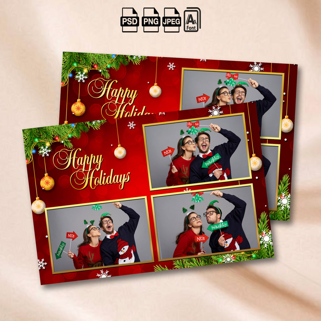 Happy Holidays 4-photo grid template mockup with gold ornaments and snowflakes