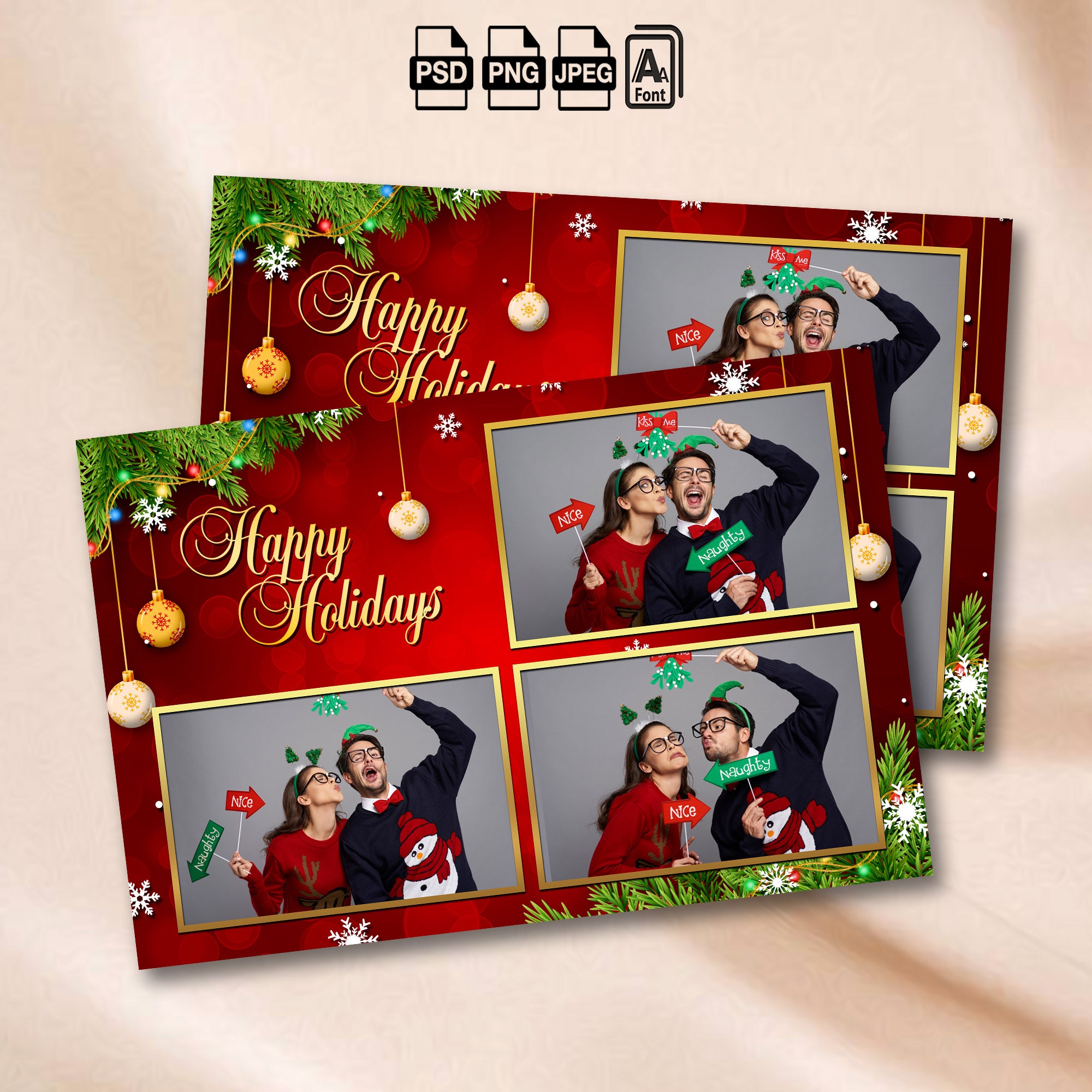 Happy Holidays 4-photo grid template mockup with gold ornaments and snowflakes