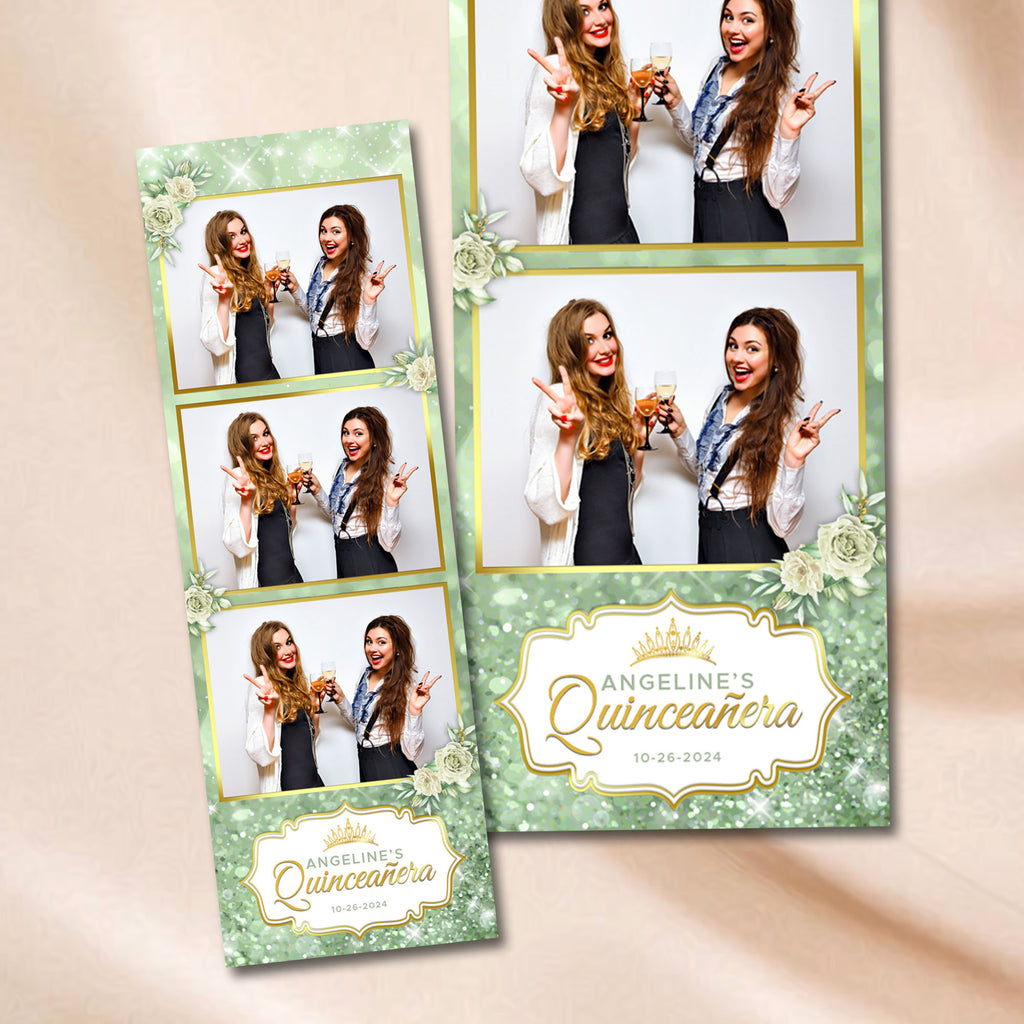 Quinceañera Photo Booth Strip Template | Sage Green & Gold Floral with Crown Badge | Editable Photoshop Template, Instant Download