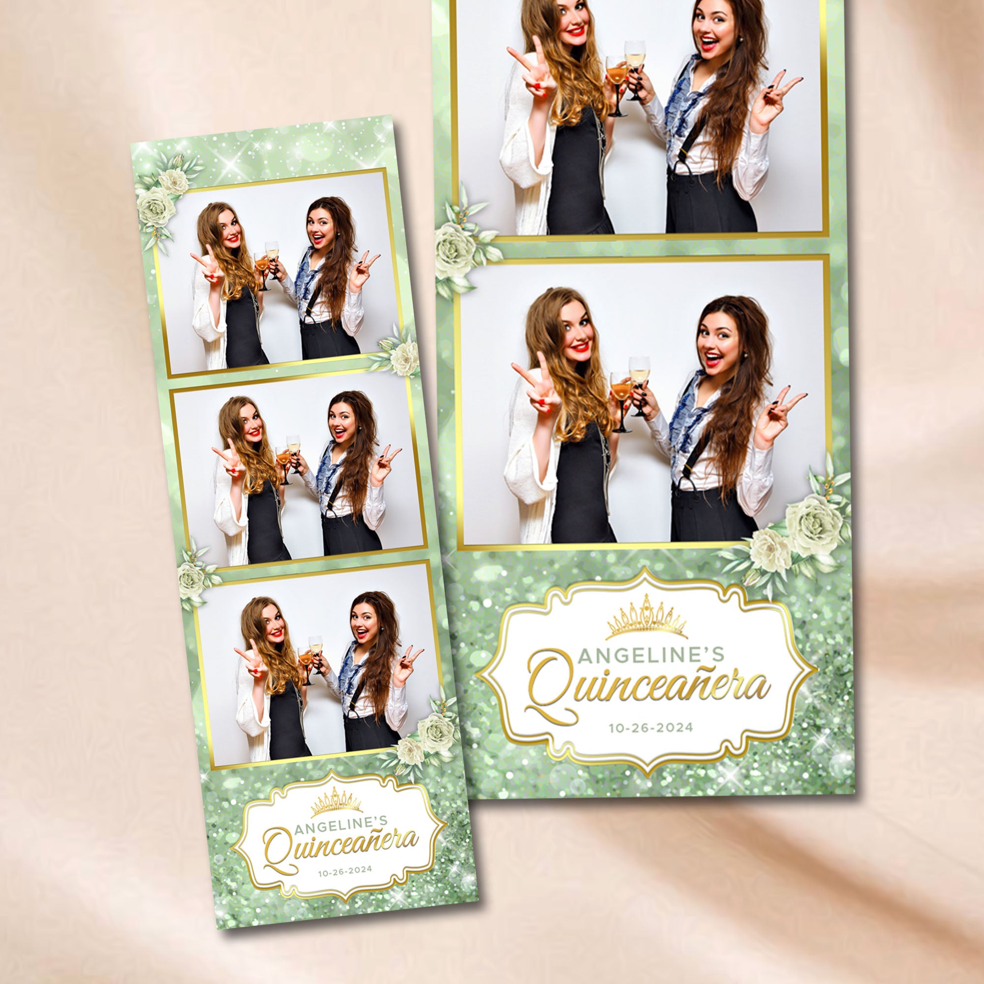 Quinceañera Photo Booth Strip Template | Sage Green & Gold Floral with Crown Badge | Editable Photoshop Template, Instant Download
