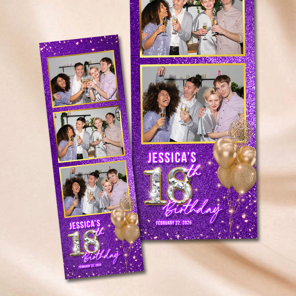 Purple and gold glitter birthday photo booth strip template with three photo openings, gold balloons, and a sparkling diamond birthday number