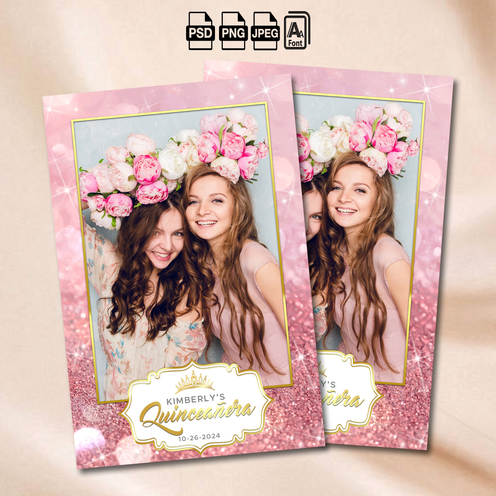 Pink & Rose Gold Quinceañera portrait photo booth template mockup with pink glitter background and floral crown badge
