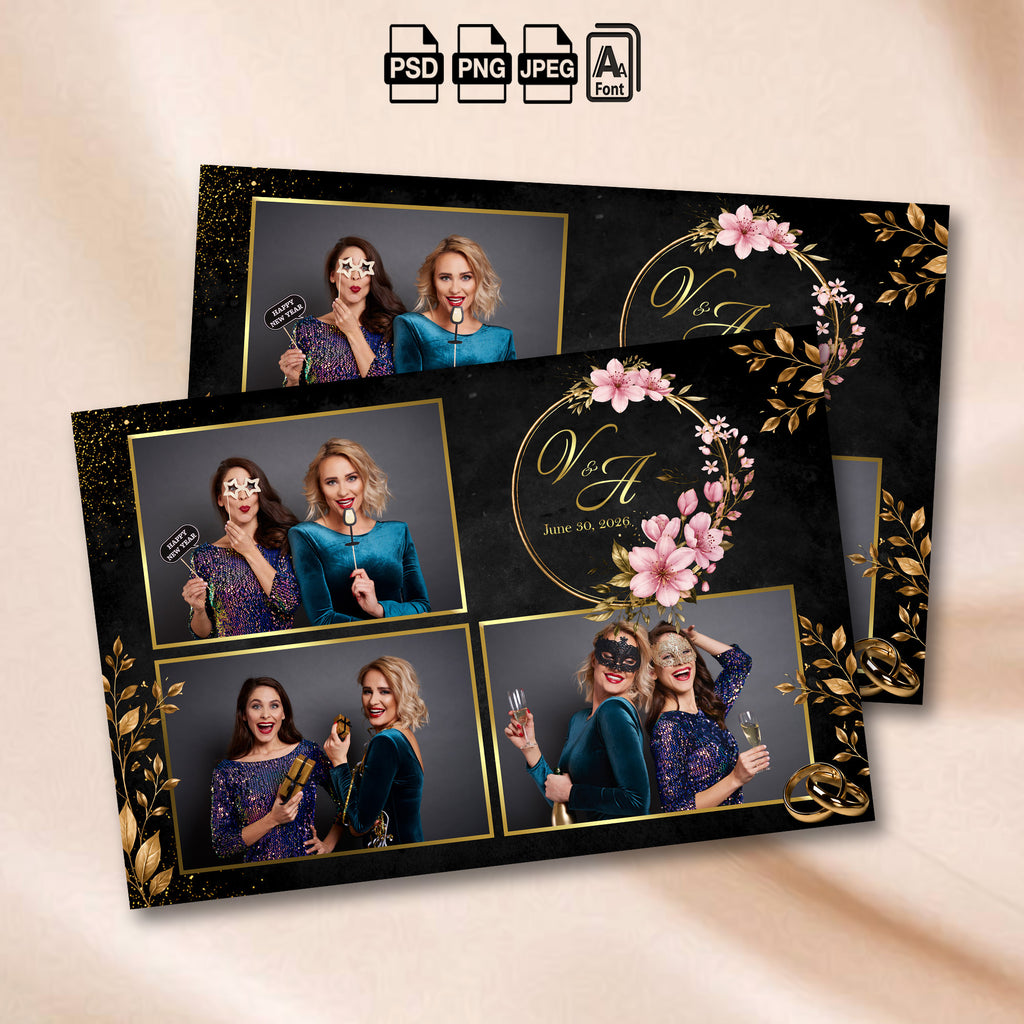 Black & Gold Floral Wedding 3-photo collage photo booth template mockup with gold leaf branches and pink floral wreath