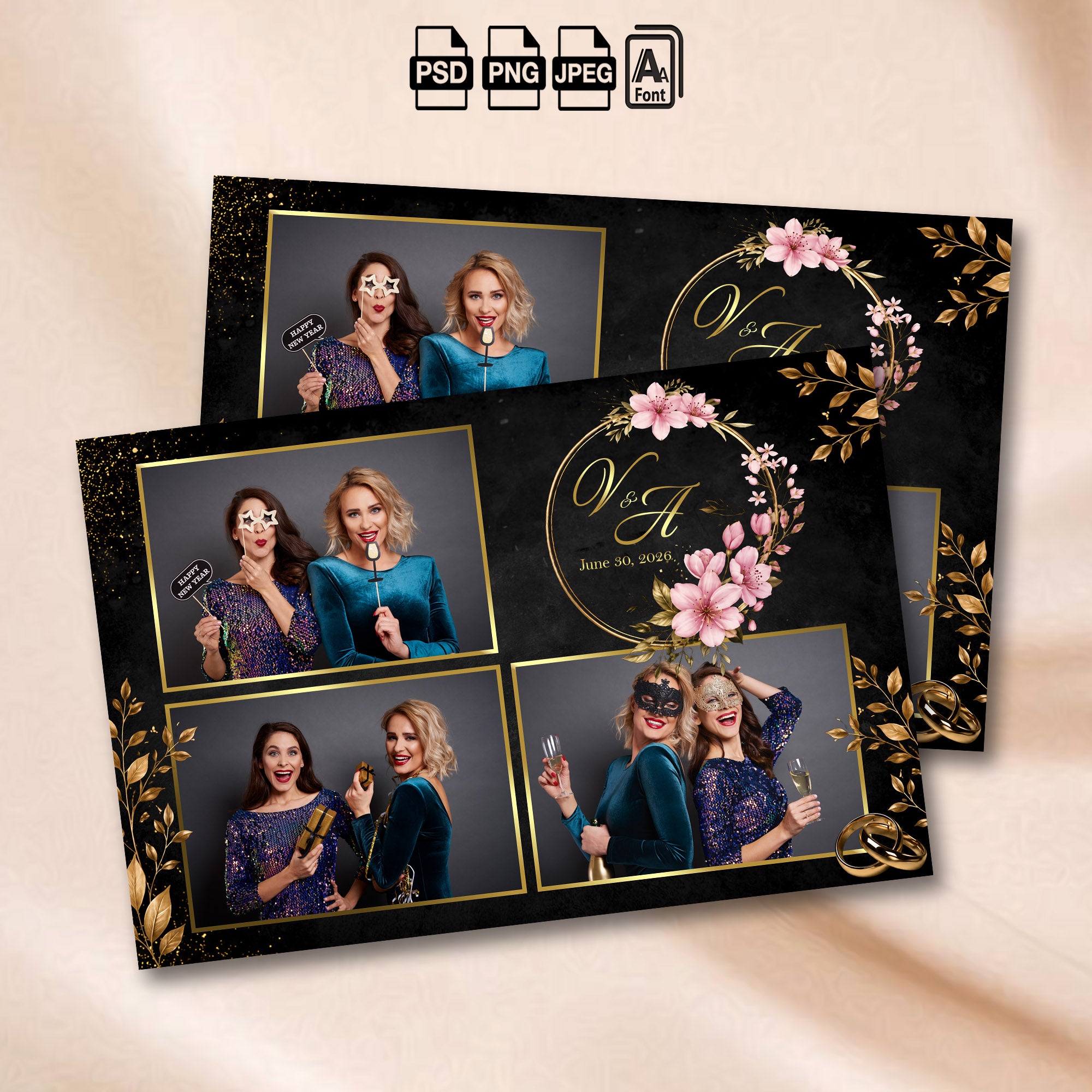 Black & Gold Floral Wedding 3-photo collage photo booth template mockup with gold leaf branches and pink floral wreath