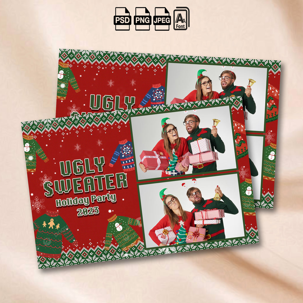 Ugly Sweater Holiday Party 2-photo collage template mockup with sweaters, snowmen, and gingerbread accents