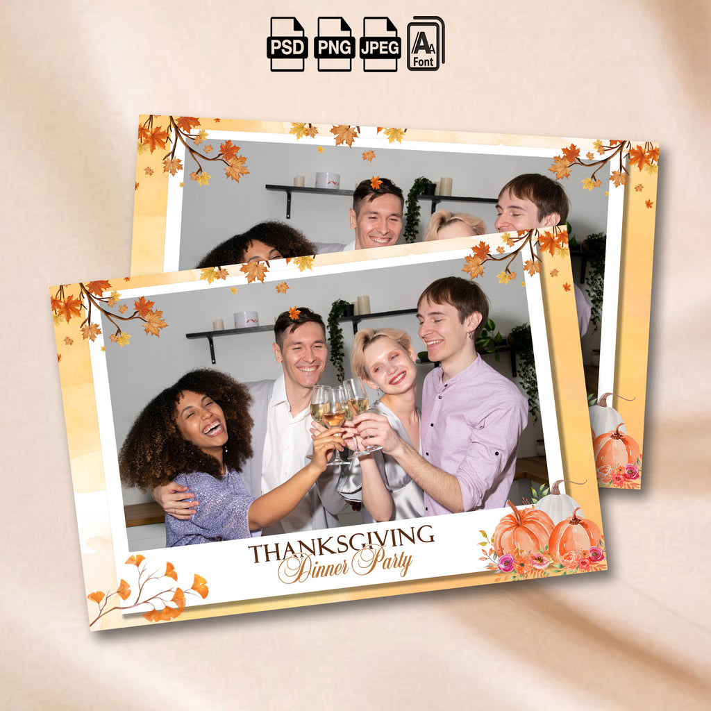 Watercolor Thanksgiving photo booth landscape template with maple leaves and pumpkins