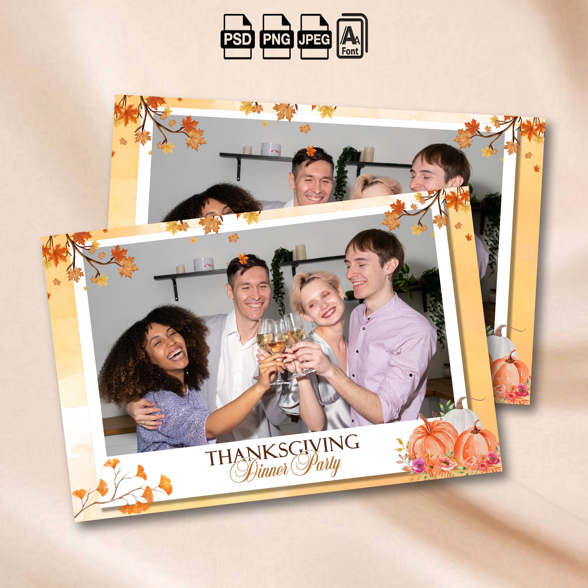 Watercolor Thanksgiving photo booth landscape template with maple leaves and pumpkins
