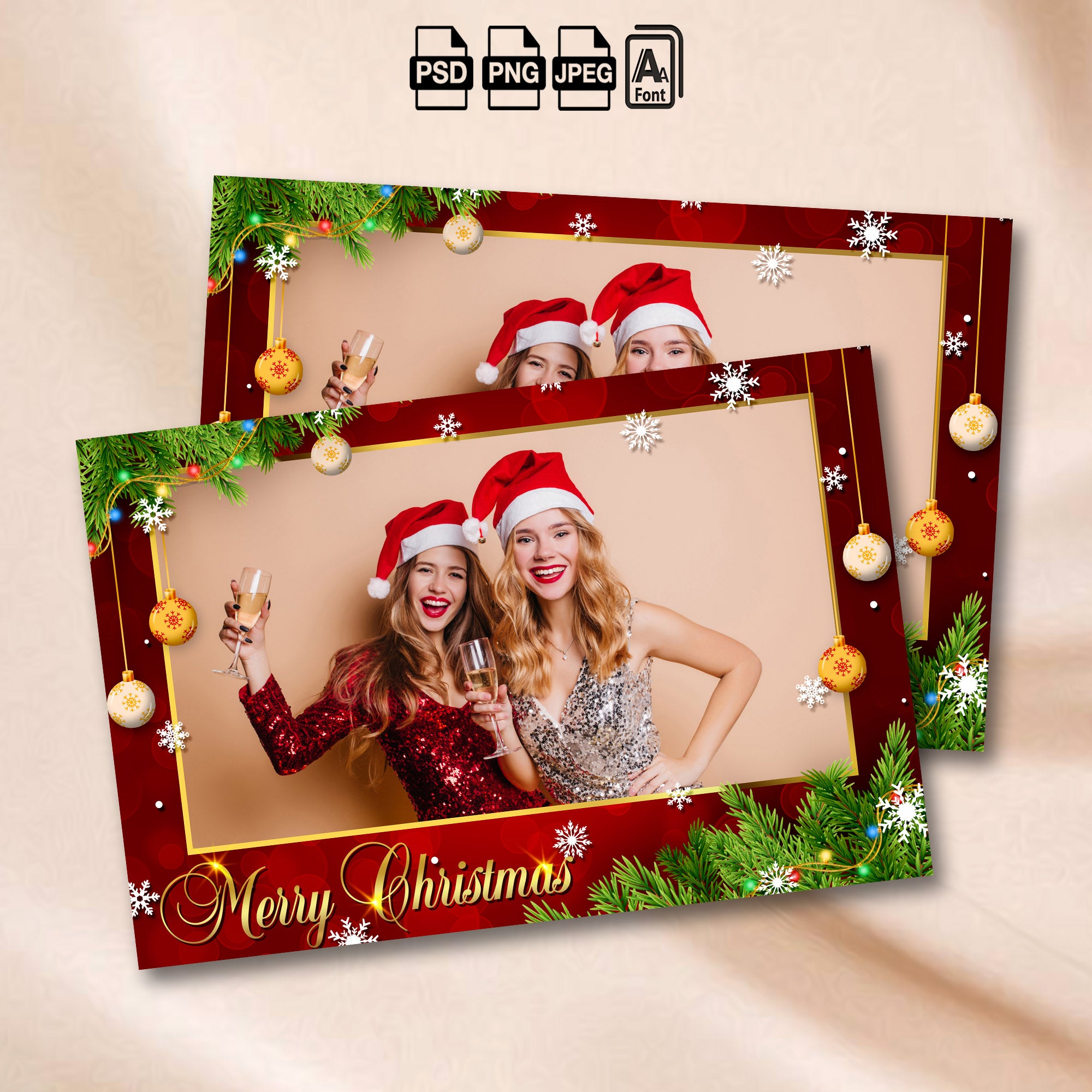 Merry Christmas landscape photo booth template mockup with gold ornaments and snowflakes