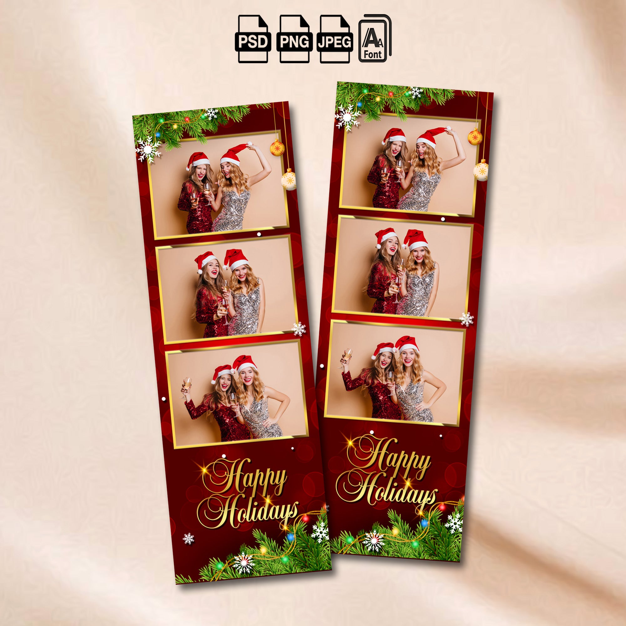 Happy Holidays 2x6 photo strip template mockup with gold ornaments and snowflakes