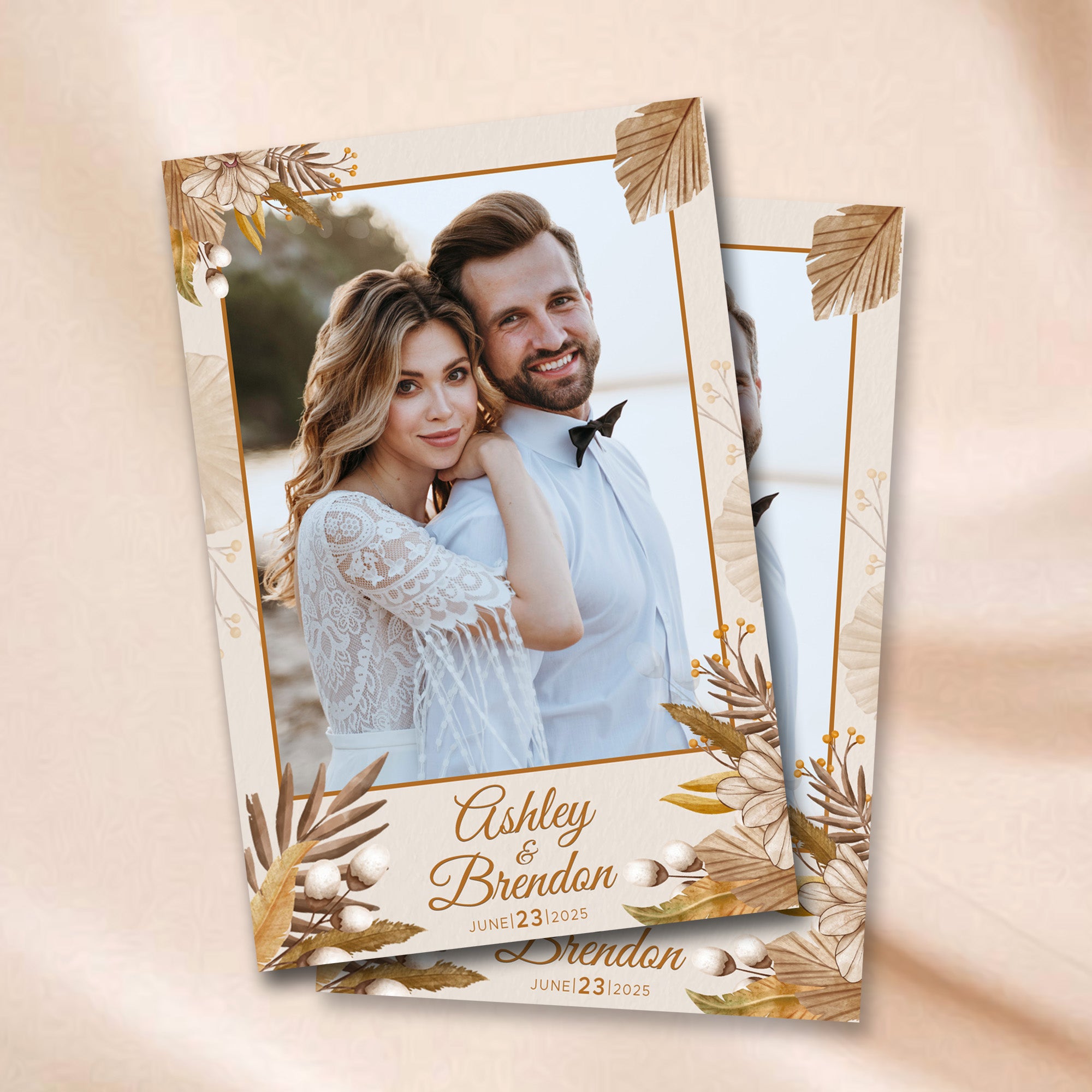 Boho Wedding portrait photo booth template mockup with dried palm leaves and florals