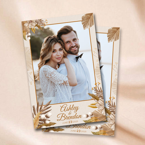 Boho Wedding portrait photo booth template mockup with dried palm leaves and florals