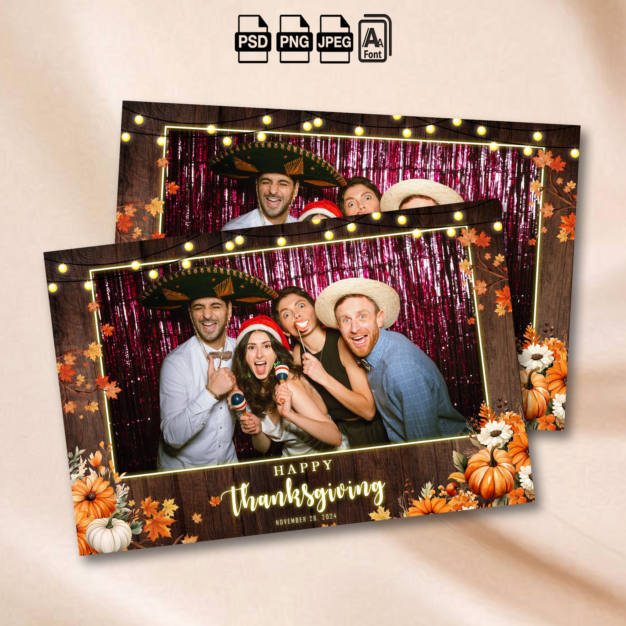 Thanksgiving Photo Booth Template | Landscape Layout | Rustic Wood with Fall Leaves & Pumpkins, 4x6 Photobooth Template