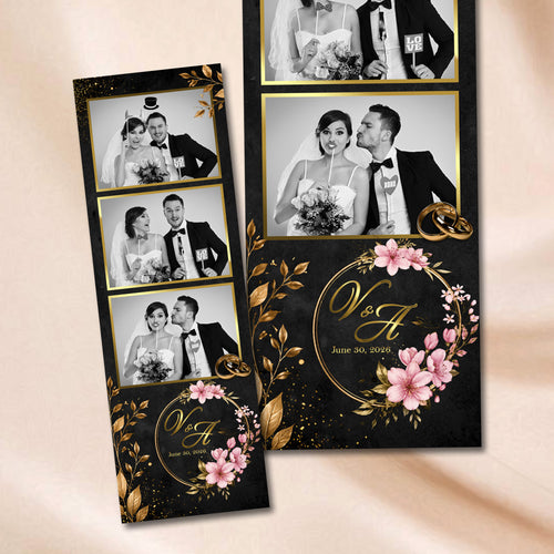 Black & Gold Floral Wedding 2x6 photo strip template mockup with gold leaf branches and pink floral wreath