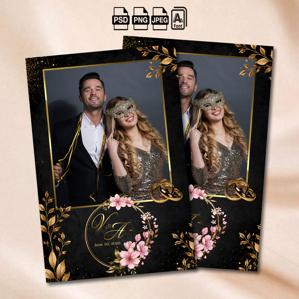 Black & Gold Floral Wedding portrait photo booth template mockup with gold leaf branches and pink floral wreath