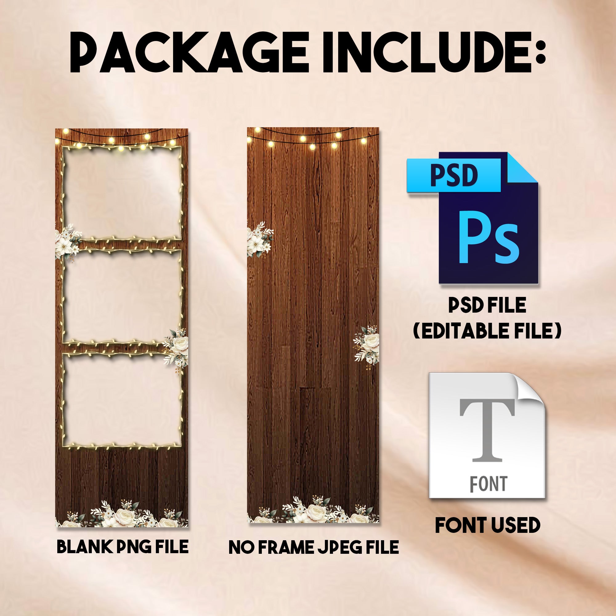 Rustic Wedding Photo Booth Strip Template | Wood Background with String Lights & Florals | Editable Photoshop Template, Instant Download