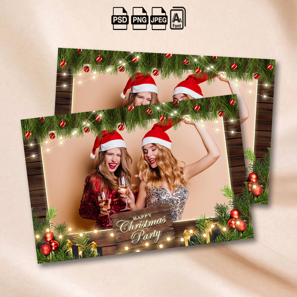 Landscape Christmas photo booth template with evergreen garland and gift boxes