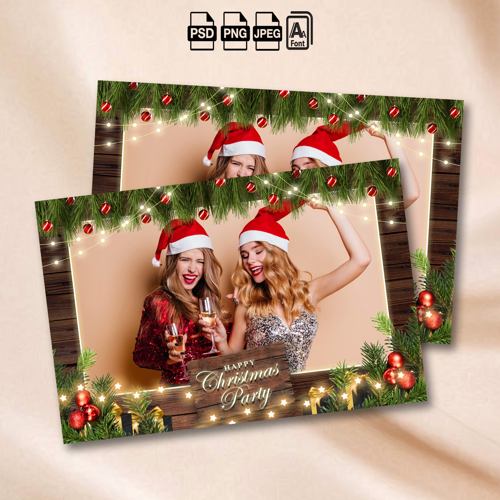 Landscape Christmas photo booth template with evergreen garland and gift boxes