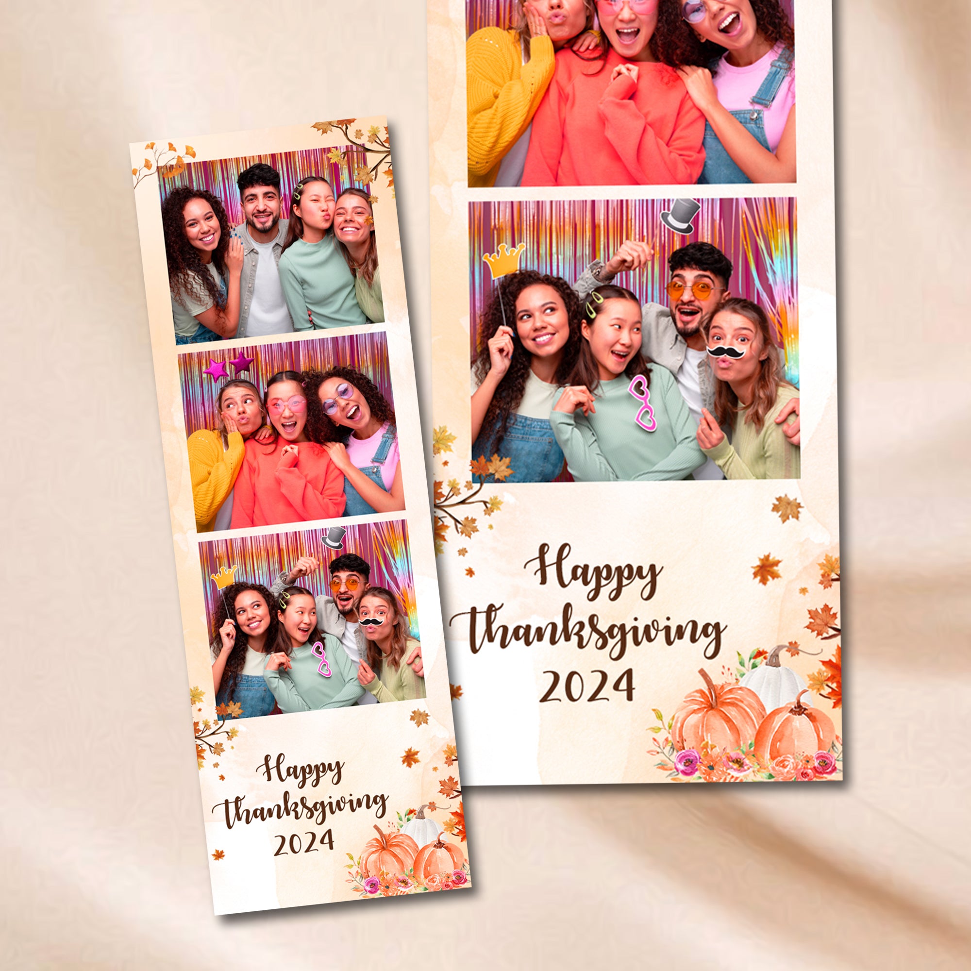 Watercolor Thanksgiving photo strip template with ginkgo branches and florals