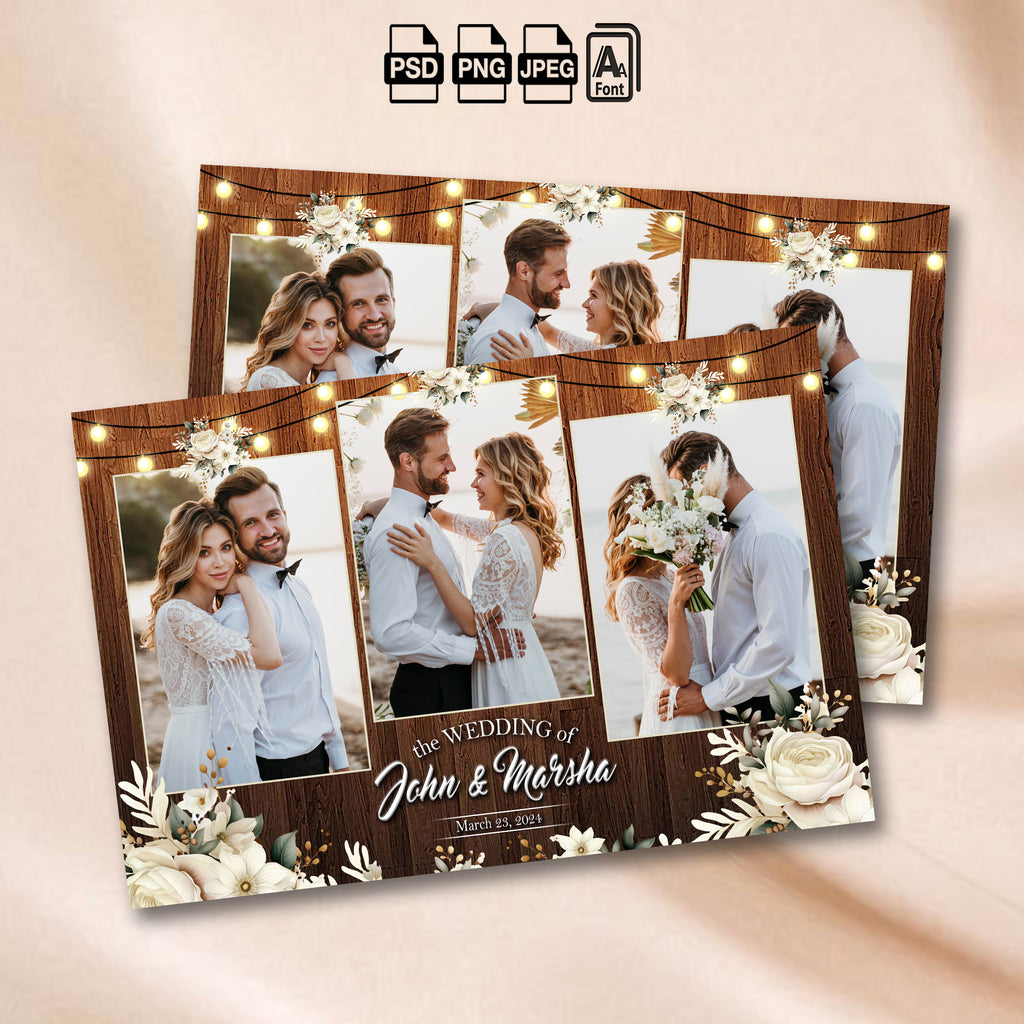 Rustic Wedding Photo Booth Collage Template | 3-Photo Landscape Layout | Editable Photoshop Template, Instant Download