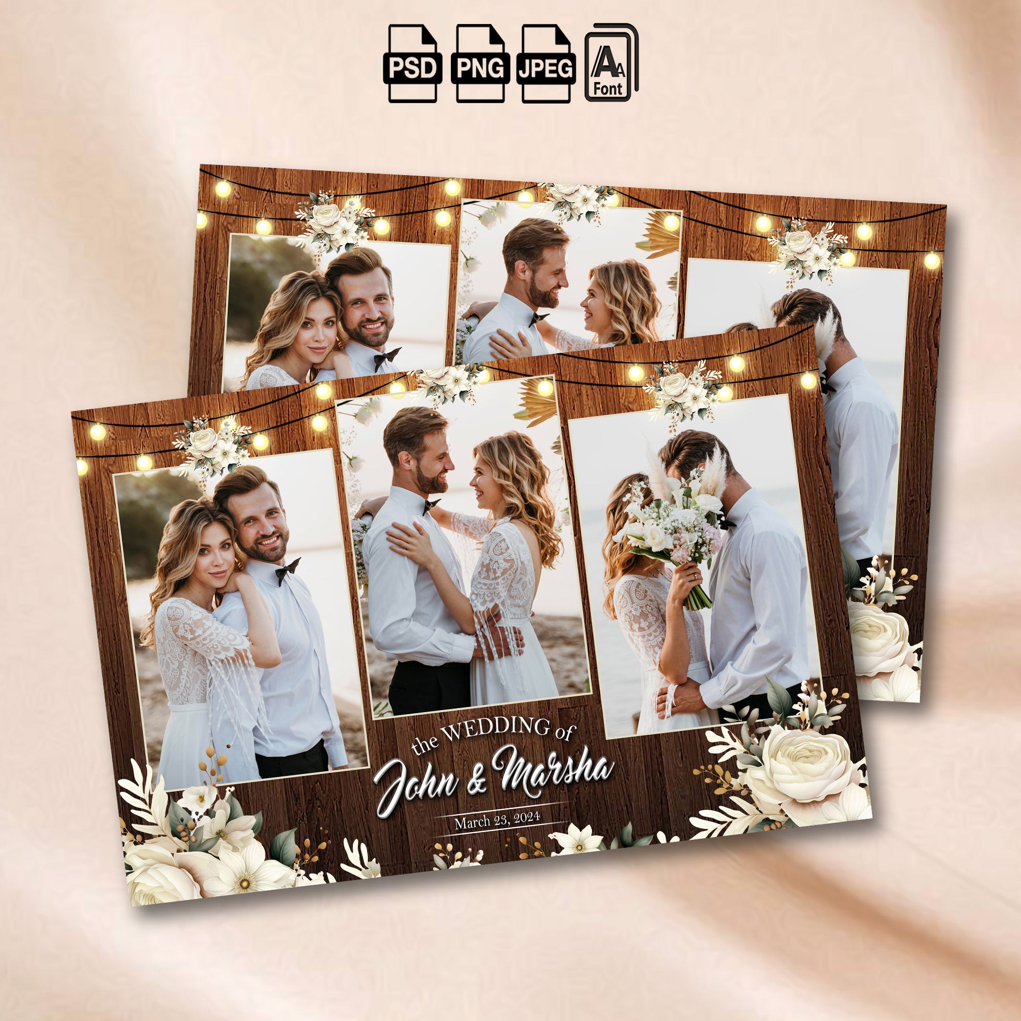 Rustic Wedding Photo Booth Collage Template | 3-Photo Landscape Layout | Editable Photoshop Template, Instant Download
