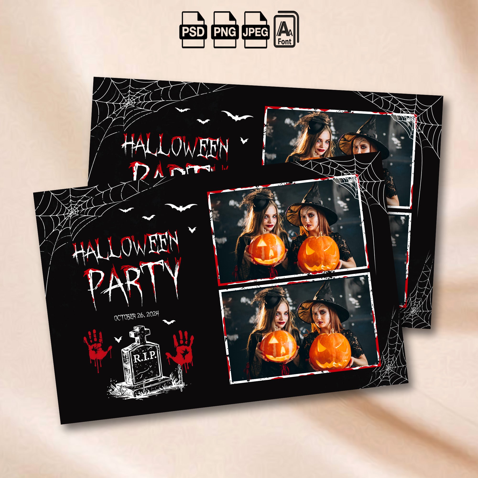 Halloween Party Photo Booth Template | 2-Photo Collage Layout | Spooky Gothic Design, Editable Photoshop Template