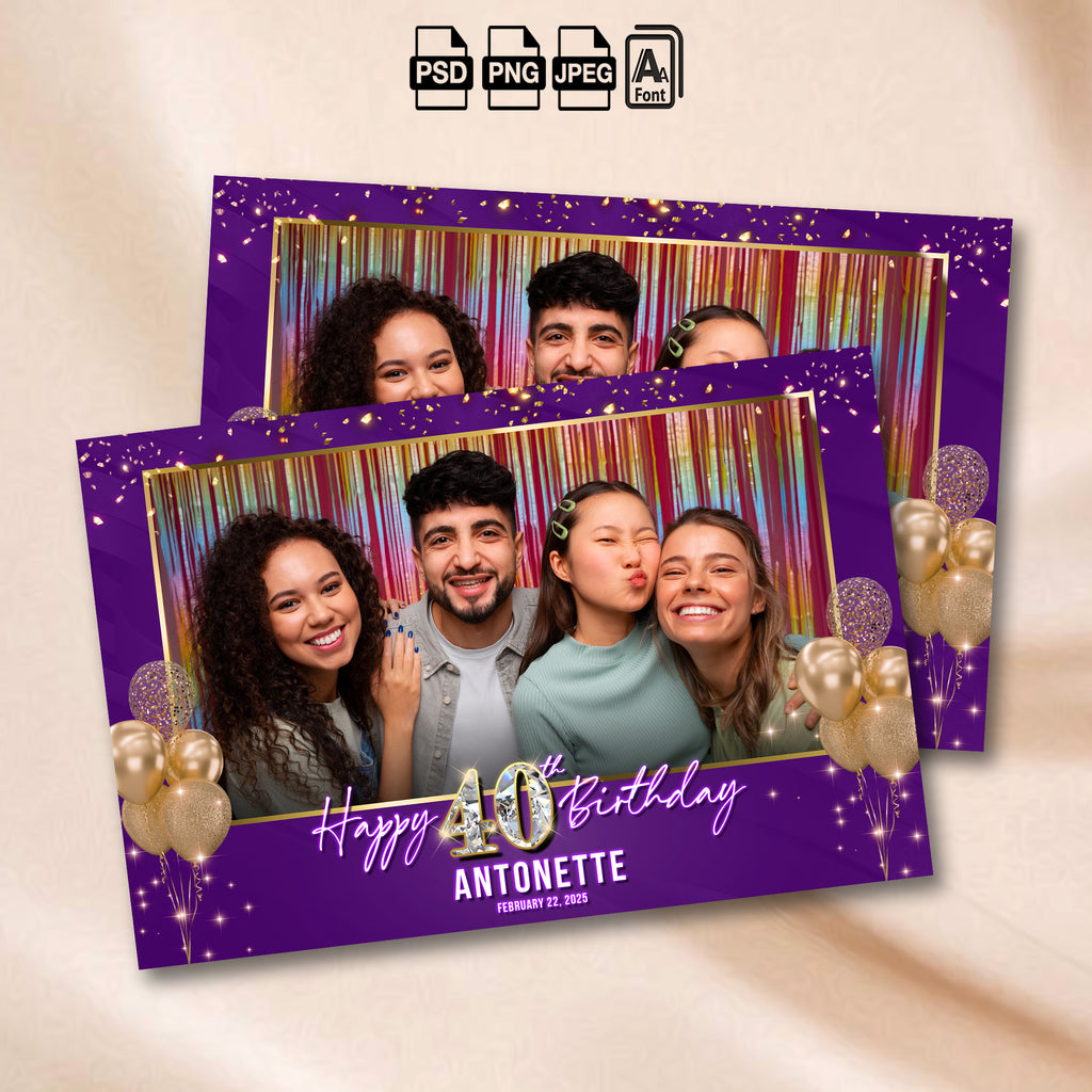 Purple and gold glitter birthday photo booth landscape template with gold balloons and a sparkling diamond birthday number